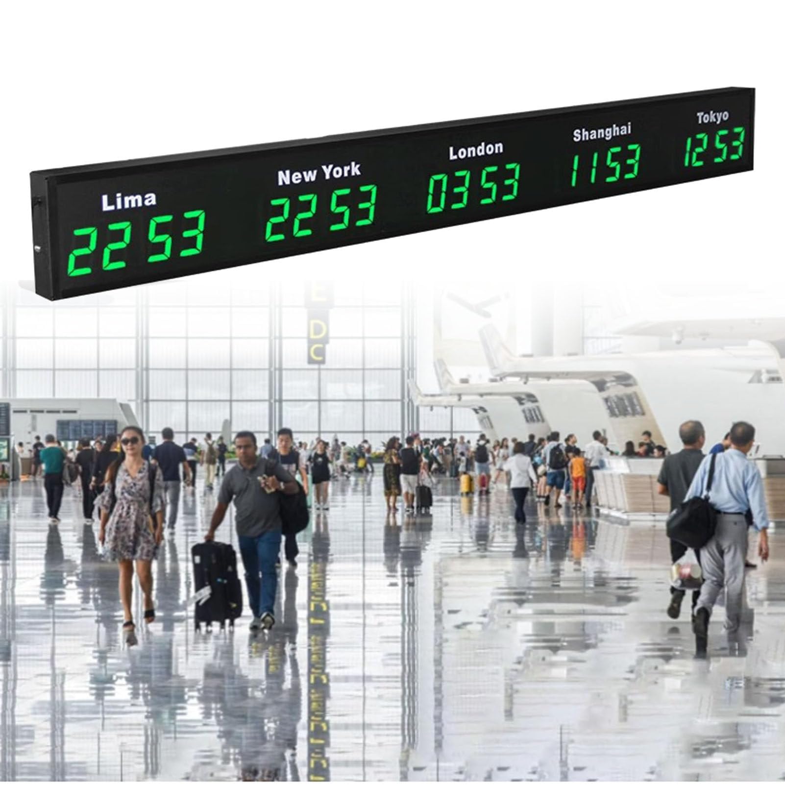 Horloge mondiale murale LED 5 fuseaux en alliage d'aluminium pour grand hôtel