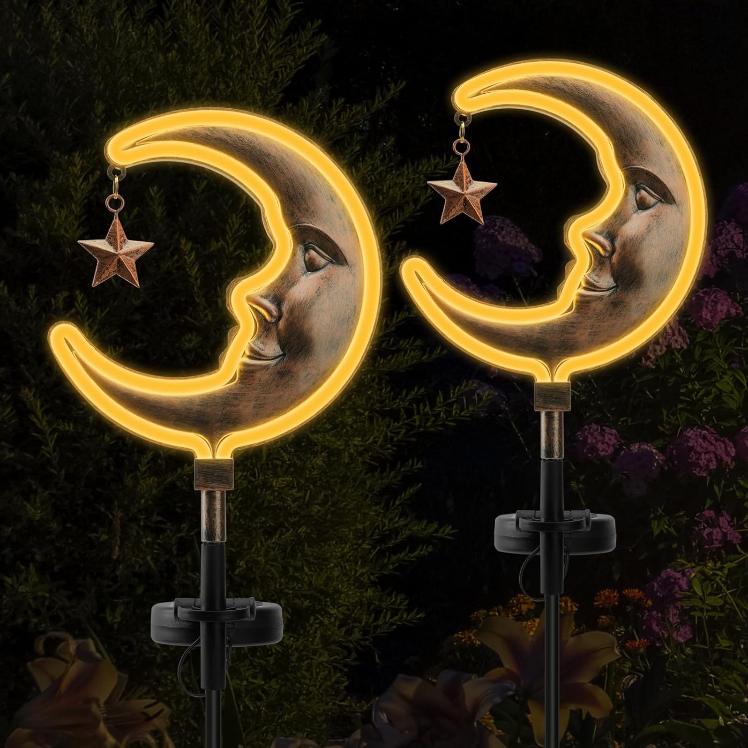 2pack Moom solar garden lights decor, Solar Moon Stars lights outdoor,gifts for Dad,Garden outside decorative,solar powered neon light for pathway,Housewarming Ornament for Yard,Lawn,Patio (Copper)