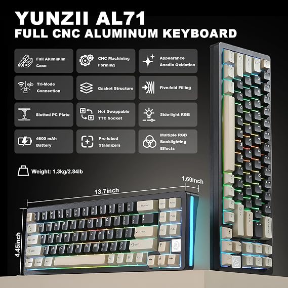 YUNZII AL71 68% Gaming Keyboard, Full Aluminum CNC Hot-Swap Compatible, Wireless Gasket Mechanical Keyboard, NKRO 2.4GHz Wireless BT5.0/USB-C Wired RGB Backlight for Win/Mac, Gift, Technical Standards
