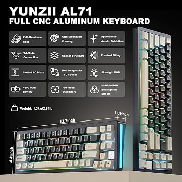 YUNZII AL71 68% Gaming Keyboard, Full Aluminum CNC Hot-Swap Compatible, Wireless Gasket Mechanical Keyboard, NKRO 2.4GHz Wireless BT5.0/USB-C Wired RGB Backlight for Win/Mac, Gift, Technical Standards