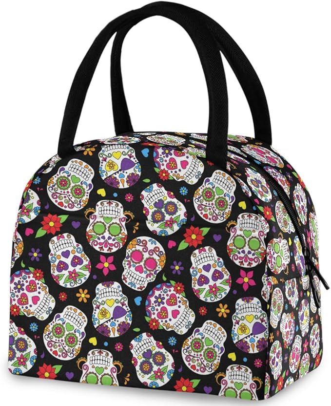 Chic Day of the Dead Sugar Skulls Pattern Reusable Lunch Tote Bag with Front Pocket Zipper Closure Insulated Cooler Container Bag for Man Women Work Picnic Travel Beach Fishing