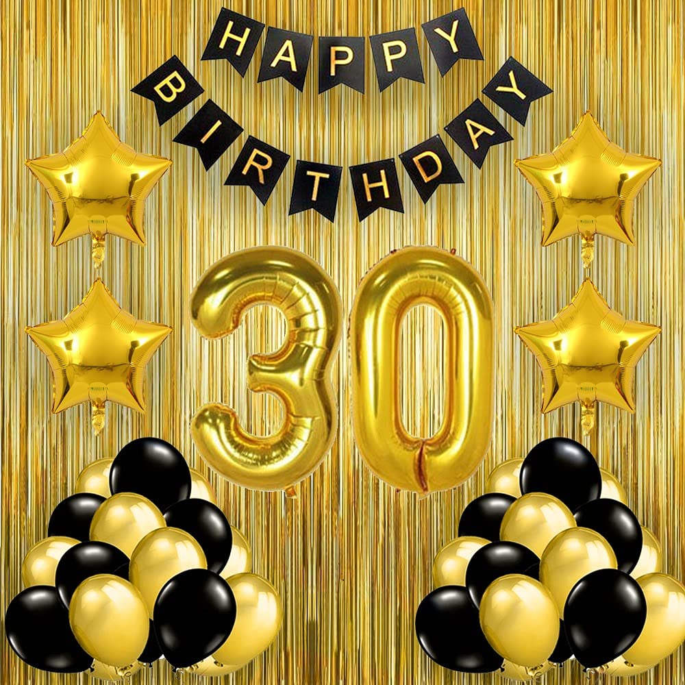 Pop The Party Black Gold 30th Birthday Party Decorations with Birthday Banner, Star, Latex Balloons , Curtains and 30 Digit No. Set of 330 Supplies