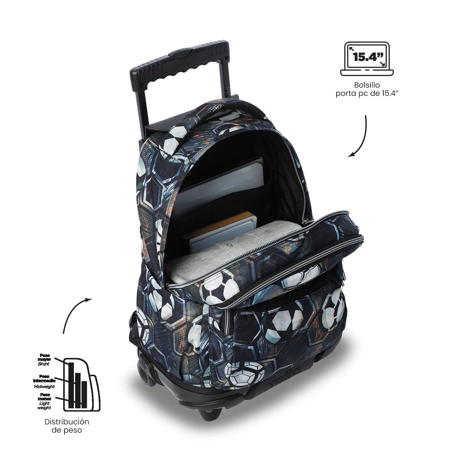TOTTO - Mochila Escolar con Ruedas, Modelo Renglones, Capacidad 26,21 Litros, Bolsillo para PC 15,4", Bolsillo Botella, Correas en S para Mayor Comodidad, Resistente, Estampado Verat Soccer