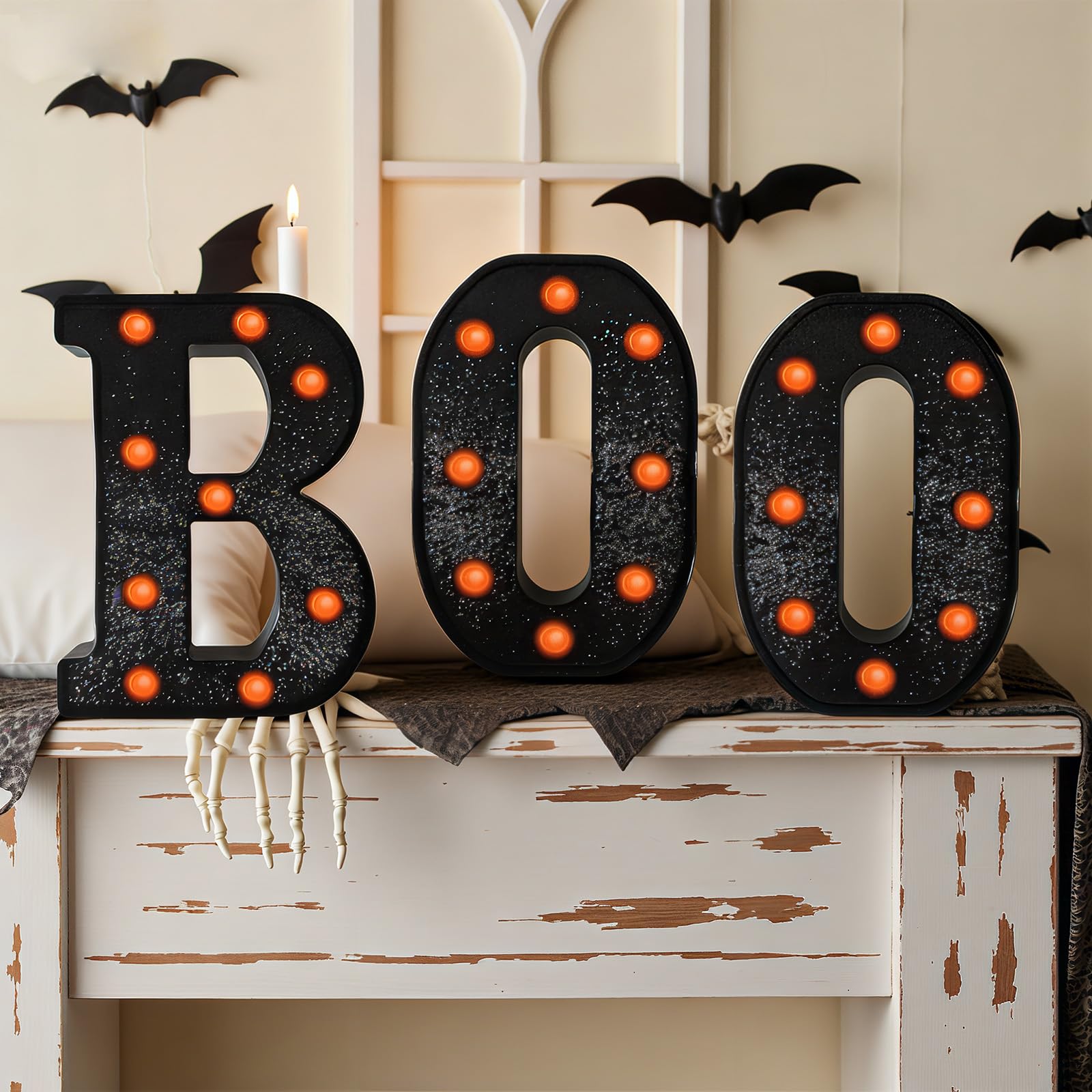 MEHOFOND Light Up Halloween Decorations Boo Sign Halloween Room Decor Boo Light Up Letters Halloween Lights Indoor Halloween Light Up Marquee Sign For Indoor Halloween Decor - Glitter Black - Orange Light