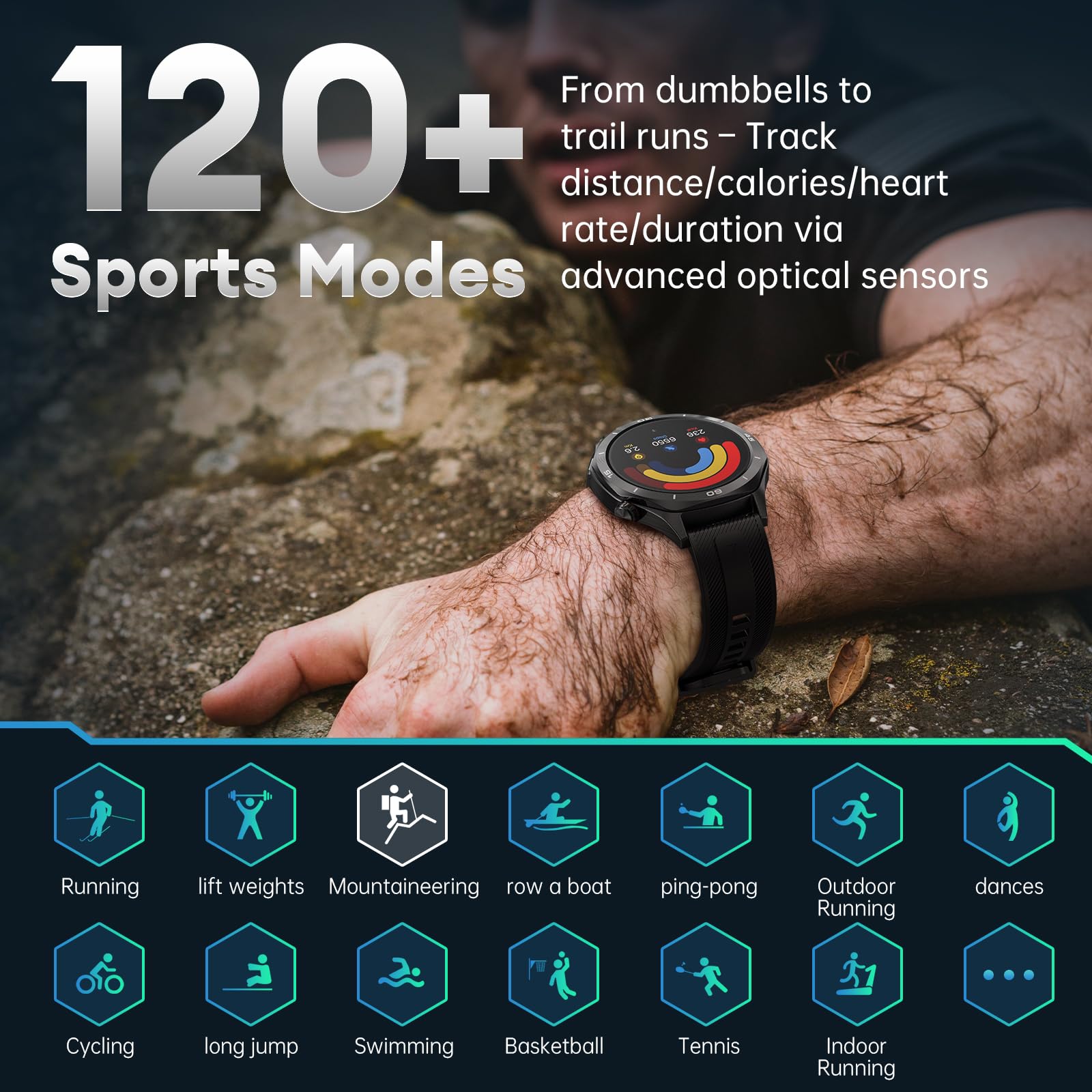 Męski smartwatch wojskowy 1,52" HD, wytrzymały smartwatch fitness z długą baterią 500 mAh, wodoszczelność IP68, 120 trybów sportowych, pulsometr, SpO2 / monitor snu, 2 paski do Android iOS