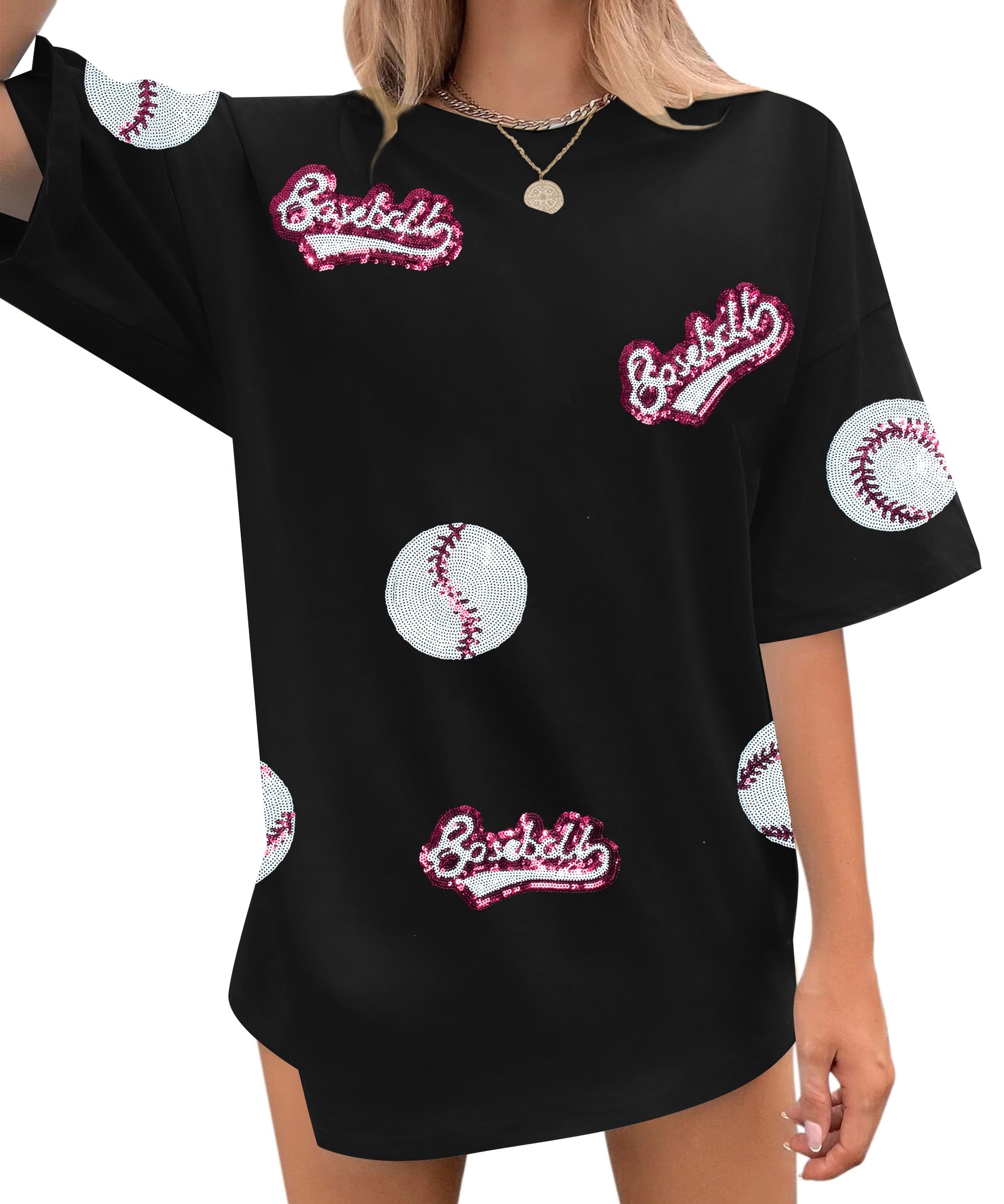 Baseball Shirts Women Oversized Sparkle Baseball Sequin Graphic Tee Baseball Mom Shirt Game Day Gifts Short Sleeve Tops