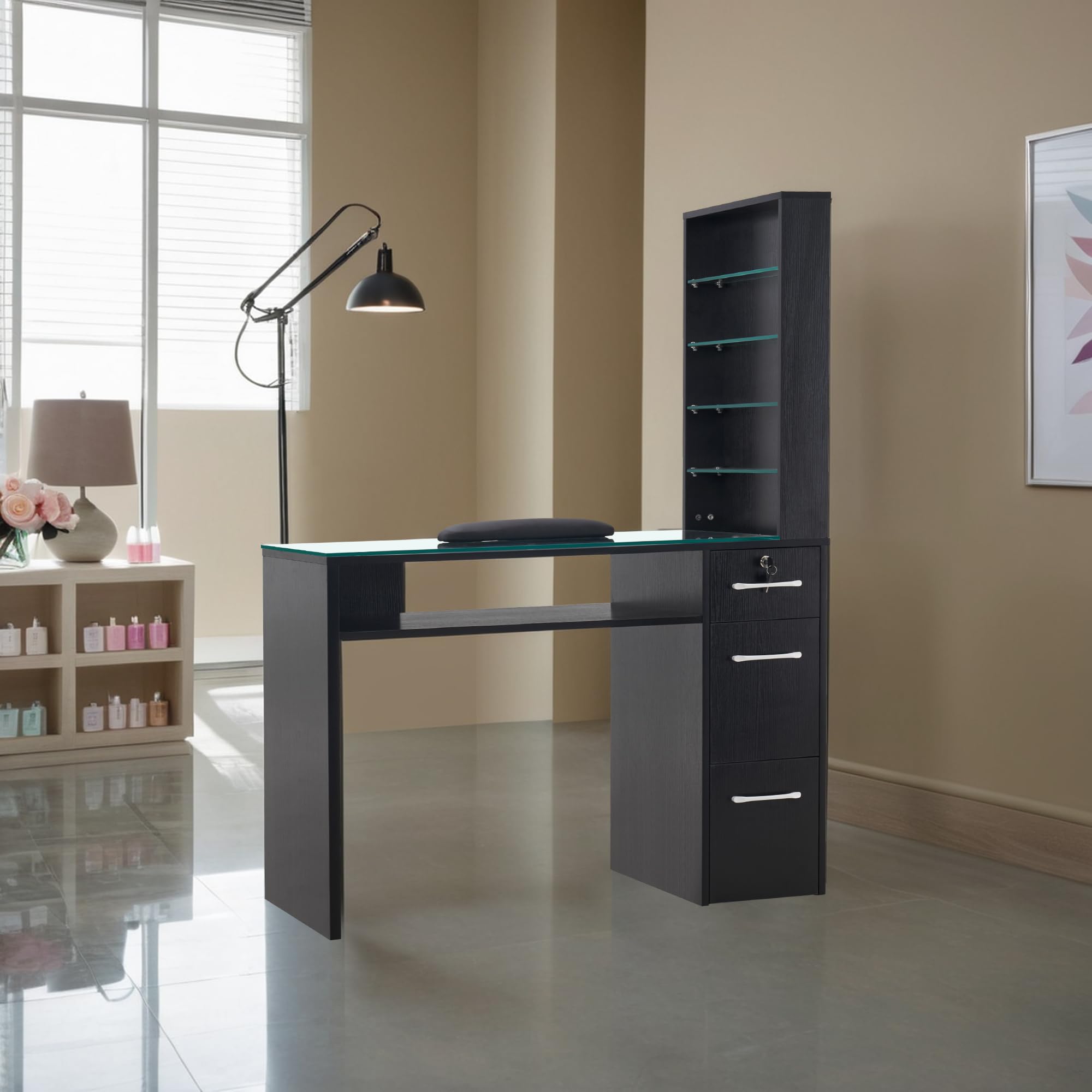 BarberPub Manicure Table with Drawers, Storage Shelves Spa Beauty Salon Station Nail Desk 2673 (Black)