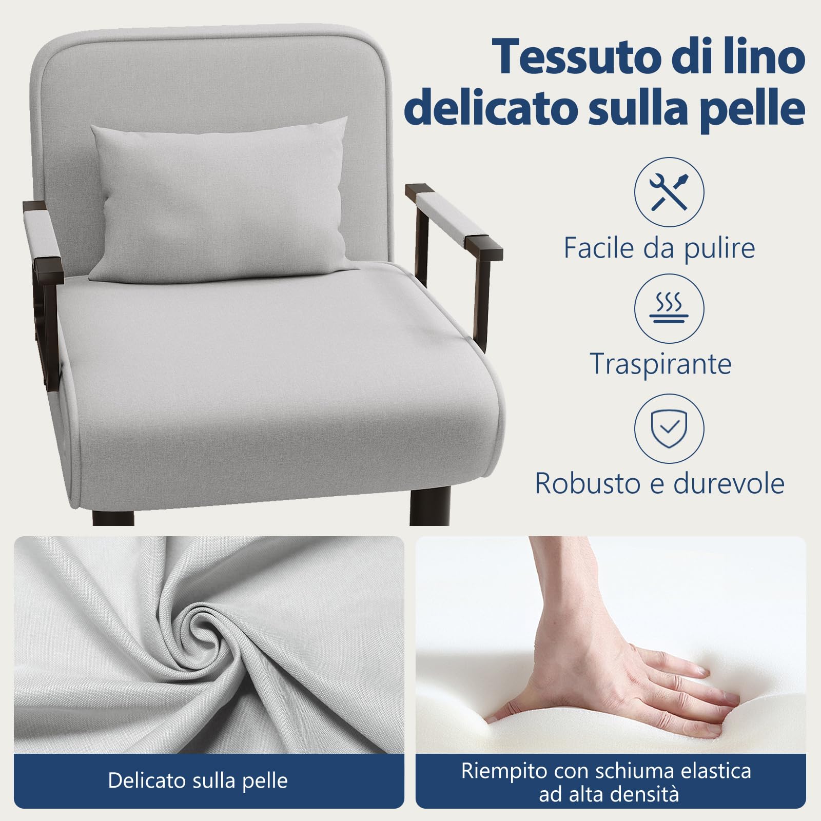 Poltrona Letto 4 in 1, Poltrona Divano Letto Singolo, Poltrona Pieghevole con Schienale Regolabile in 6 Posizioni per Camera da Letto Soggiorno Ufficio, Gregio chiaro