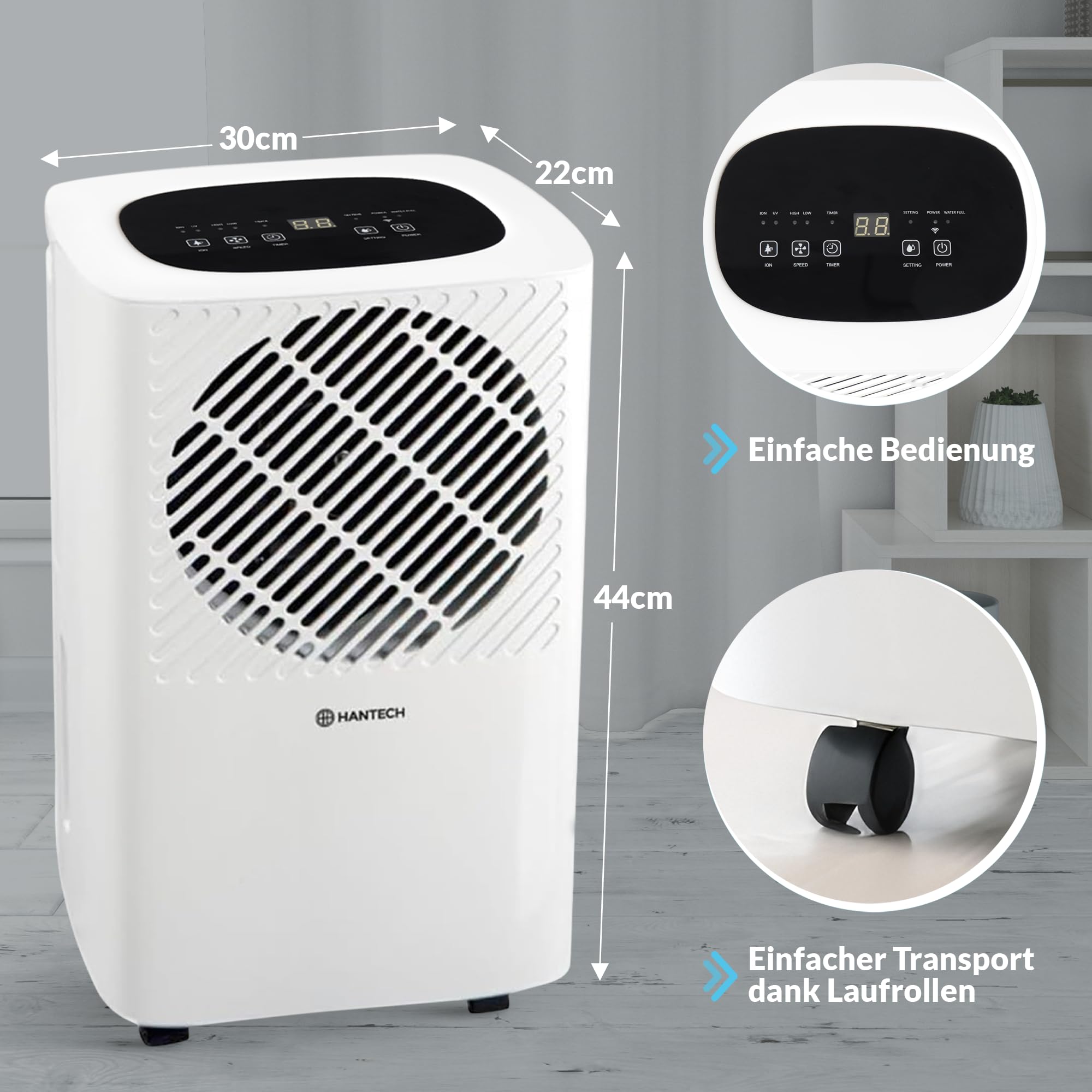 HANTECH Luftentfeuchter 10L/Tag Elektrisch, leise, gegen Schimmel inkl. Timer und Wassertank - Dauermodus möglich, schnelle Wäschetrocknung für Keller, Badezimmer, Wohn- und Schlafbereich