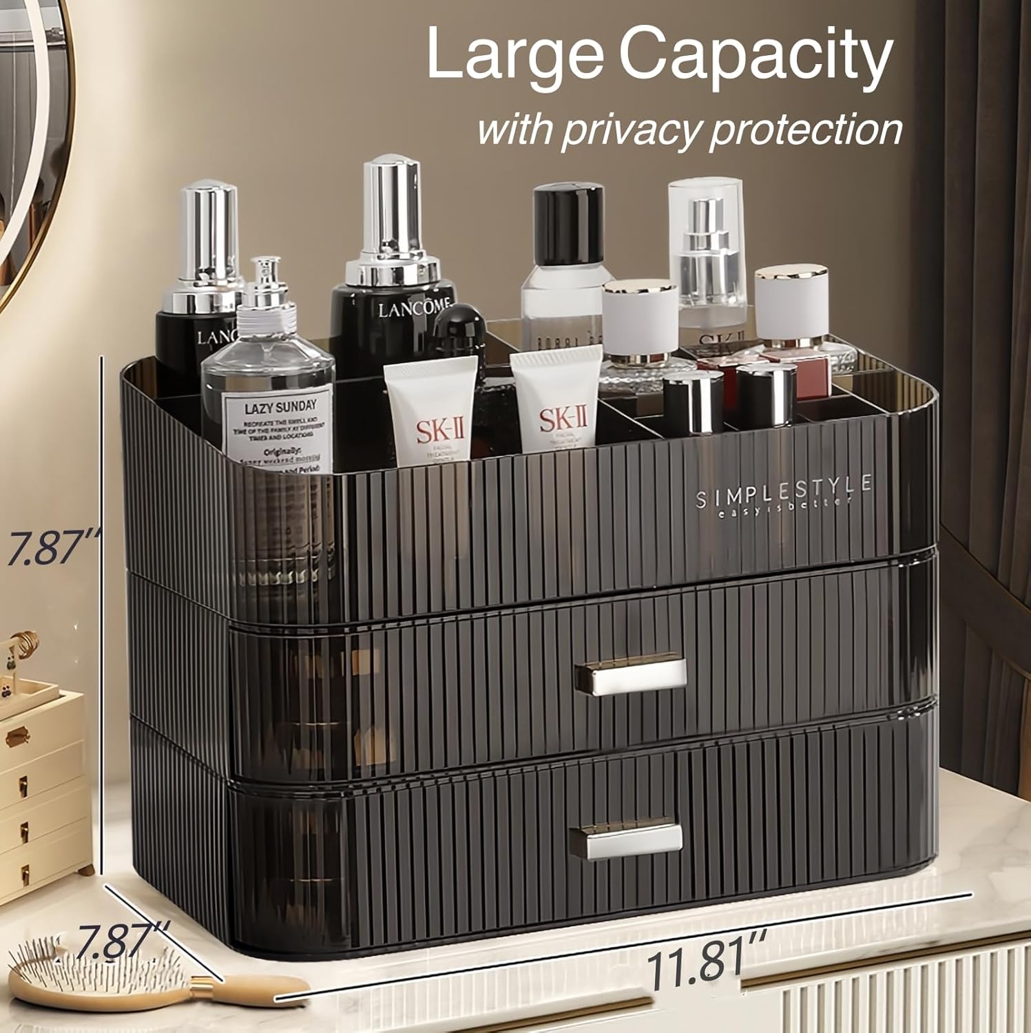 Makeup Organizer for Vanity, Large Desk Organizer with Stackable Drawers for Cosmetics, Skin Care, Lipsticks, Palette, Nail Care, Ideal Storage for Dresser and Bathroom Countertop- Black