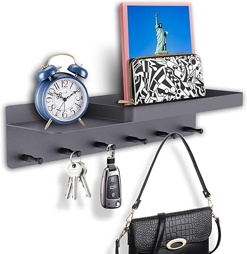 Soporte para llaves decorativo de pared, organizador de correo con estante, colgador de llaves con 6 ganchos para bolsas, abrigos, paraguas, llaves