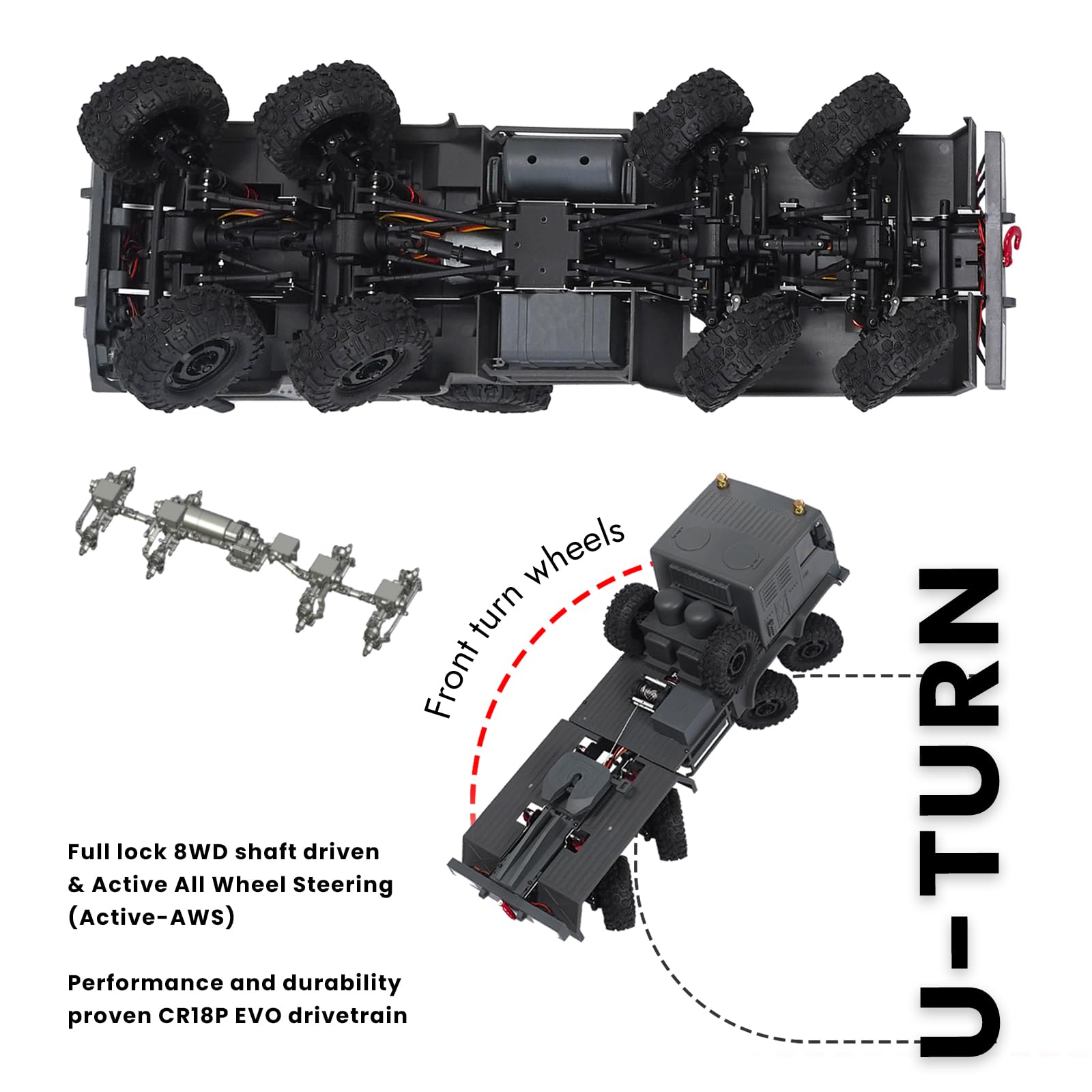 HobbyPlus 1/18 RC Crawler CR18P Terranaut 8x8 RC Truck Coche teledirigido con bloqueo completo 8WD RTR Dirección activa en las cuatro ruedas, transmisión de 2 velocidades, cabrestante de salvamento