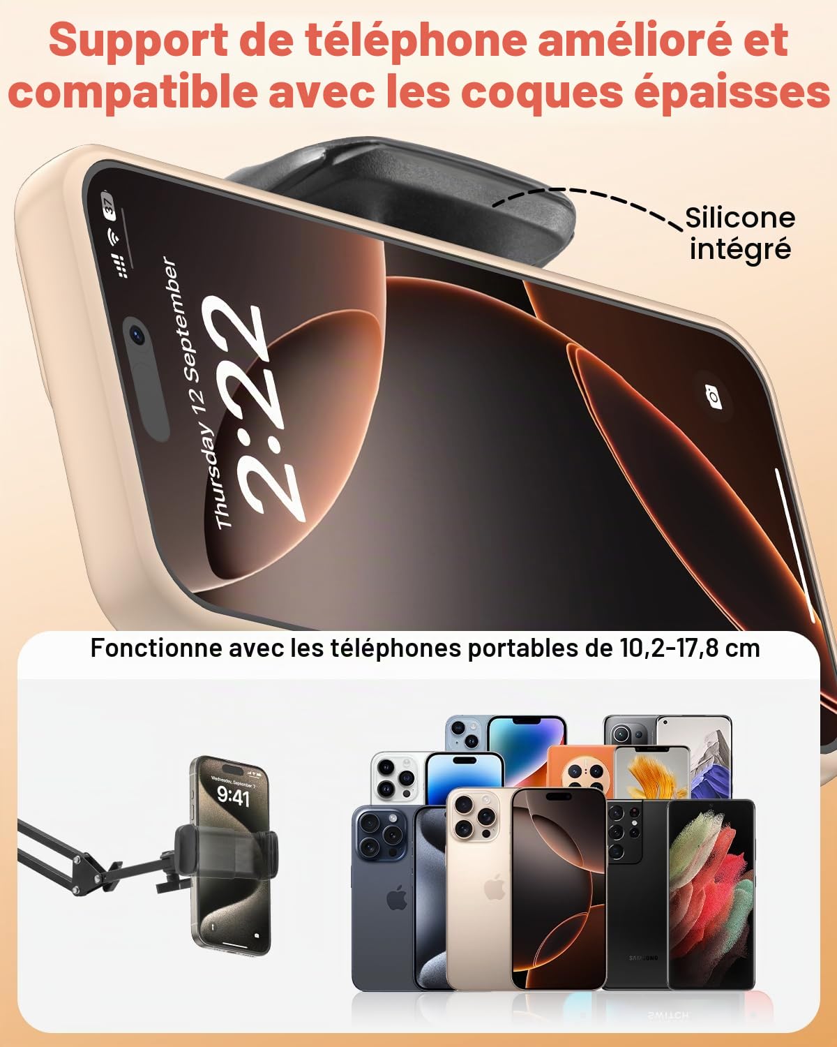 Support de téléphone portable pour lit Bras long flexible pour iPhone 15, 14, Pro Max, SE, 13, 12, 11, X, XS, 8, 7, Galaxy S23, S22, et smartphones de 4 à 7