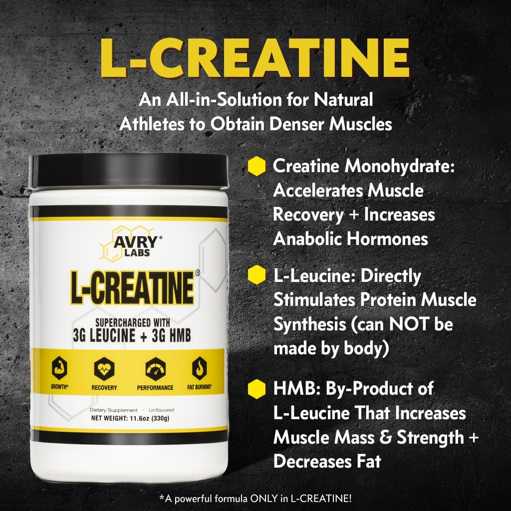 L-CREATINE Supplement: Creatine Monohydrate w/Leucine Amino Acid and HMB – Supports Muscle Mass, Strength, Recovery & Performance + Reduce Fat – Vegan, 11oz (330g) Powder - Image 2