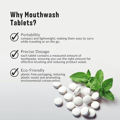 Pastillas de enjuague bucal (62 unidades) Pestañas de enjuague bucal de viaje totalmente naturales para aliento fresco, eliminación de placa y