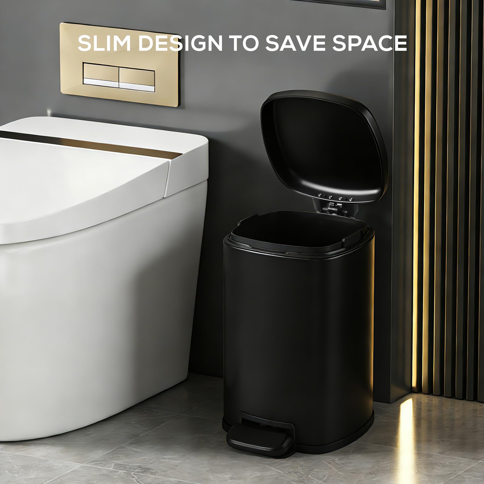 5-teiliges Badezimmer Set Schwarz mit 6 L Metall Mülleimer Treteimer mit Inneneimer, Seifenspender, Zahnputzbecher, WC-Bürste & Ablageschale, Modern Badezimmer Organizer (Schwarz)