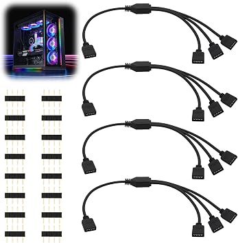 4 Pcs 12V 4-Pin ARGB Extension Cable, ARGB 1-to-3 Female to Female Cable Extension PC for Computer Case Fans and Addressable LED Strips, RGB Splitter Cord 1 to 3