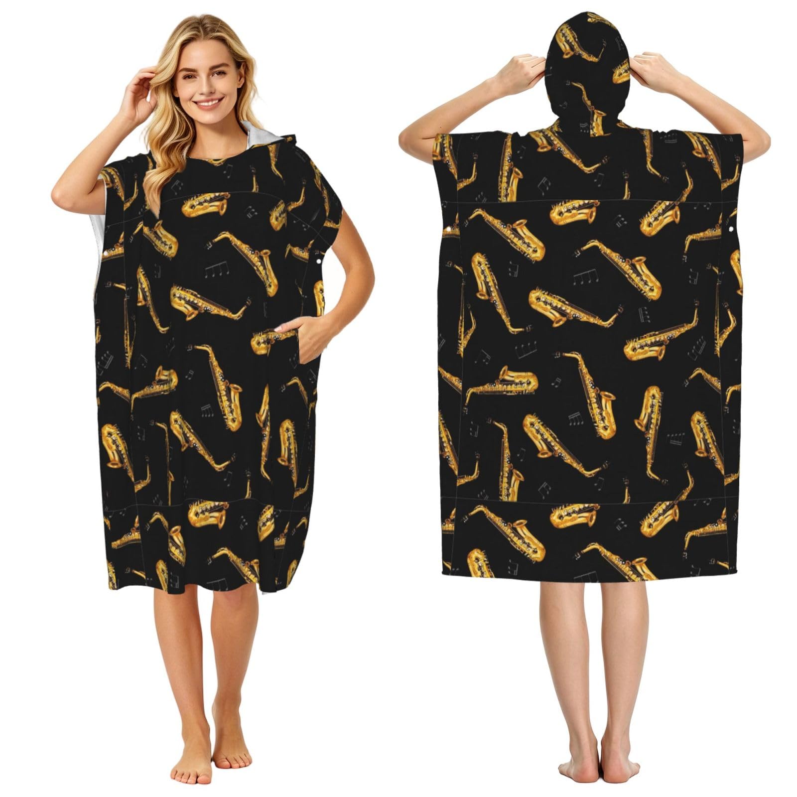 Poadnly Saxophone, Adult Hooded Beach Towel 90 x 110 cm,Changing Bath Robe, Surf Poncho Towel For Women Men