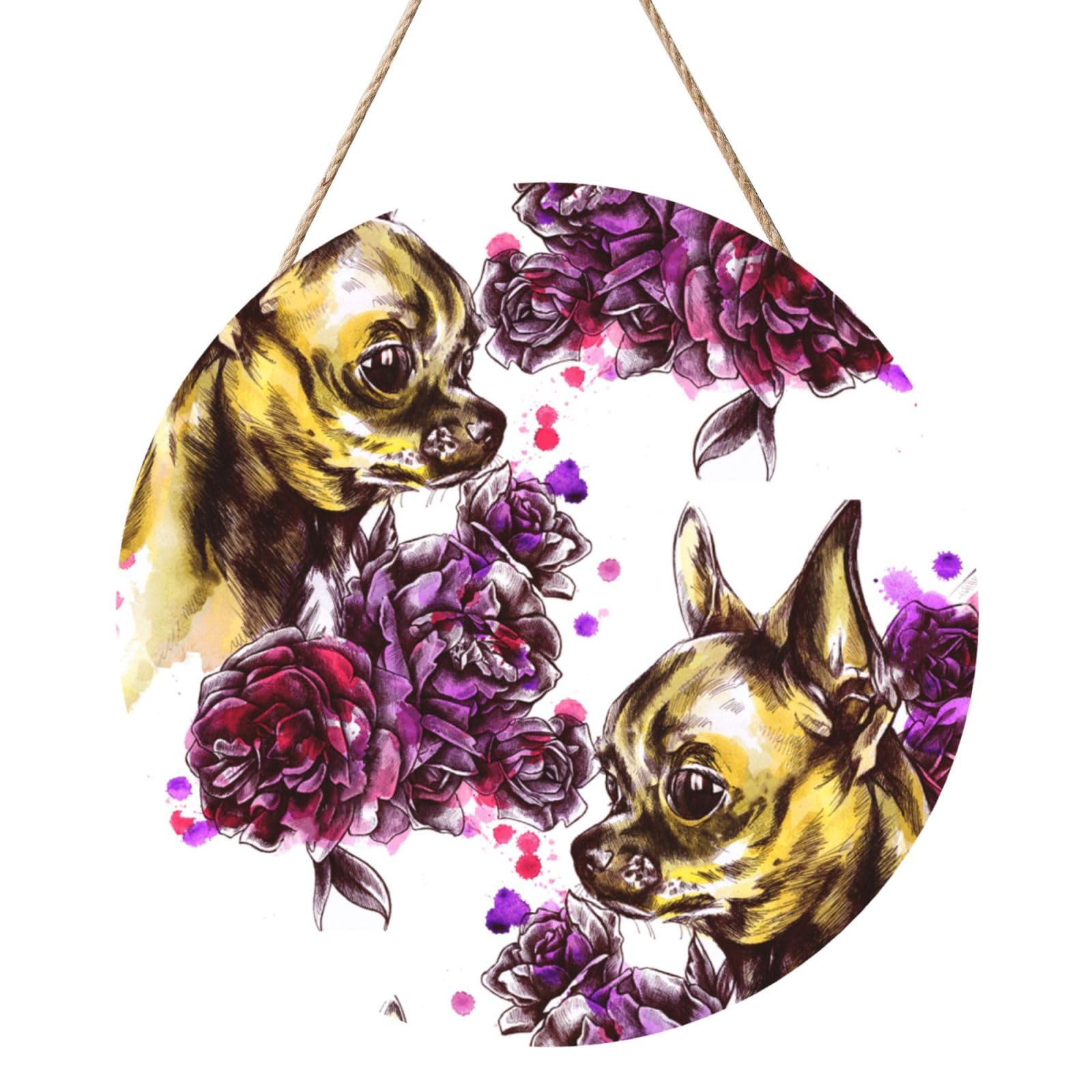 InOmak Chihuahua And Rose, Round Wood Panel Painting 12 in, Wall Hanging Painting For Home