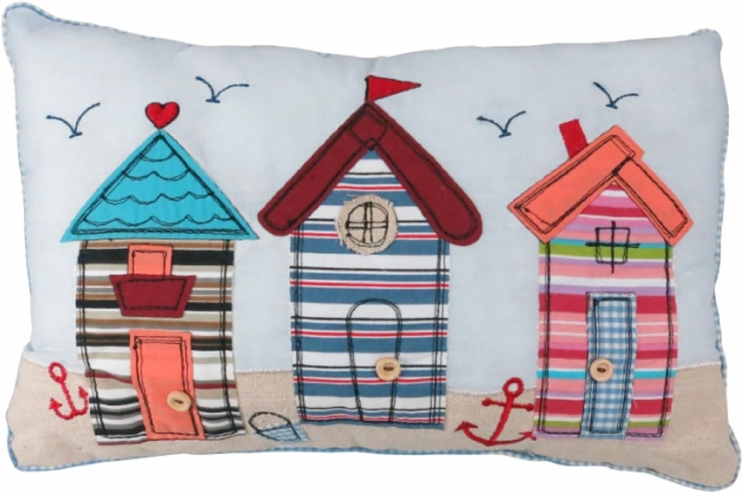 Quay Traders Three Beach Huts w/Doorknob Buttons Cushion Pillow Multicoloured 20x33cm