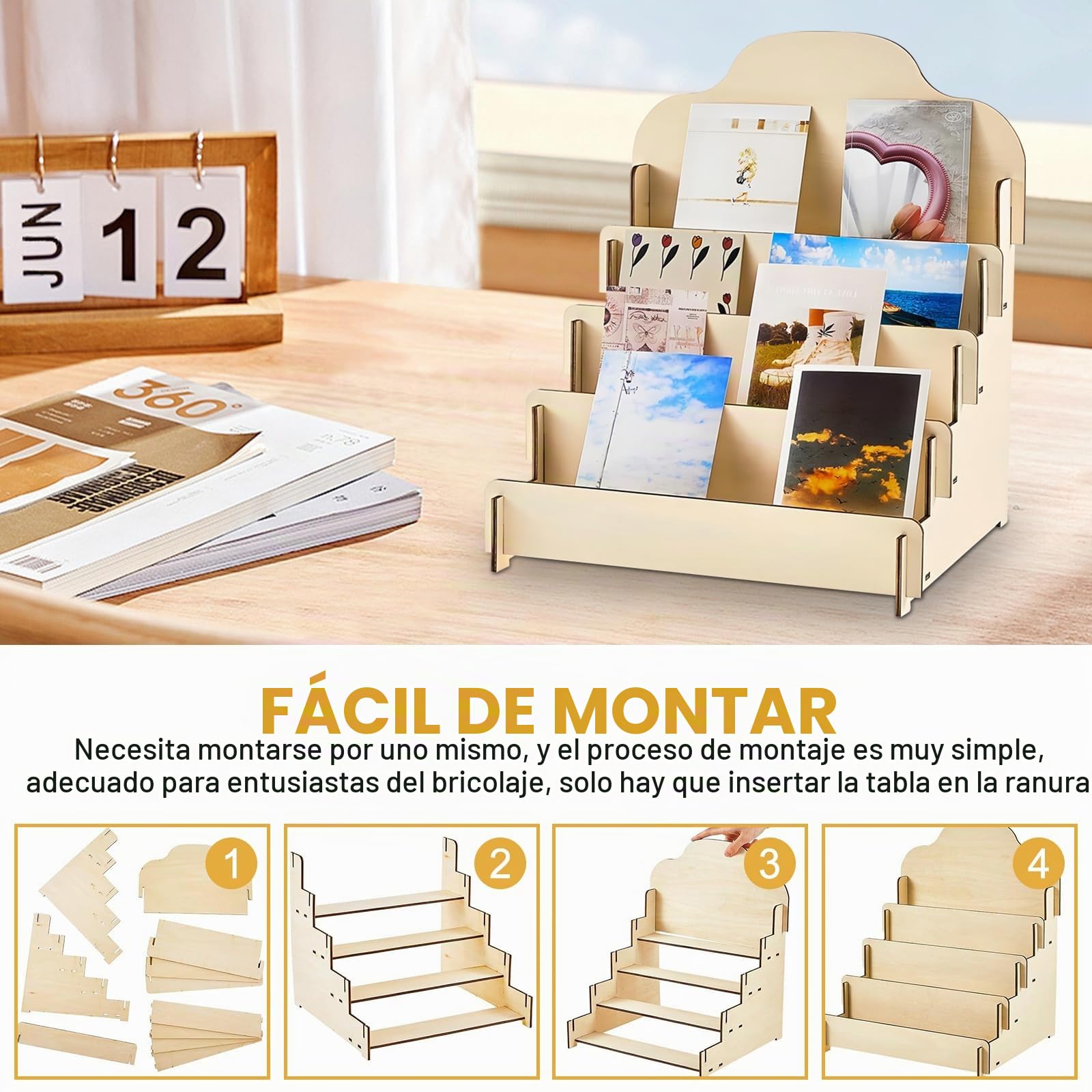GBKDQQ Soporte para tarjetas de madera con soporte de exhibición de 4 niveles, soporte para tarjetas postales, soporte de presentación, soporte para tarjetas de felicitación, soporte de exhibición