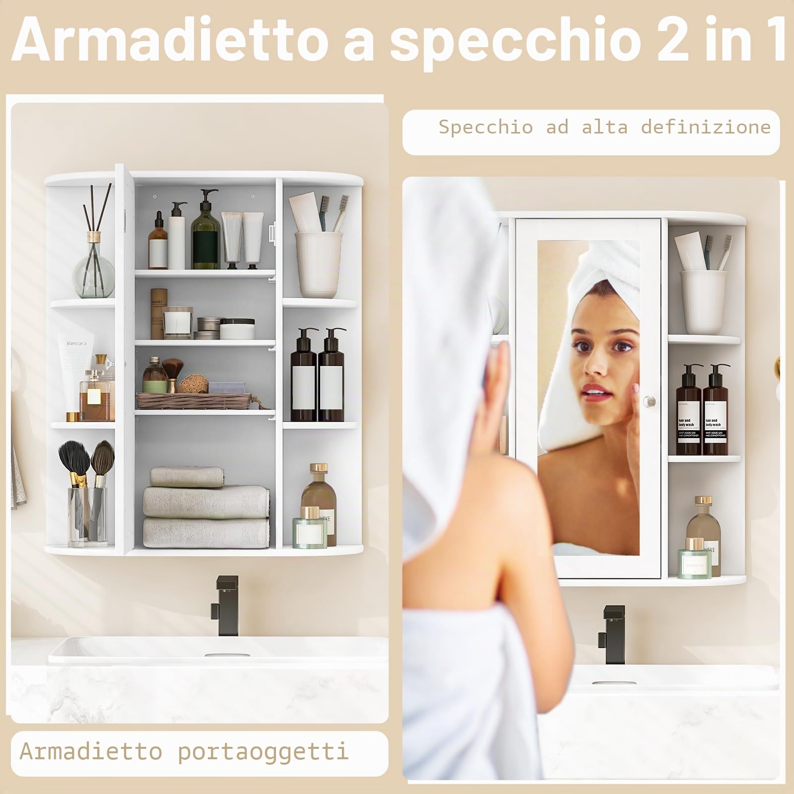 GIANTEX Armadietto Bagno a Parete, Mobiletto Pensile con Ante di Specchio, 6 Scomparti Laterali, 2 Colori Disponibili, 60x16,5x70 cm