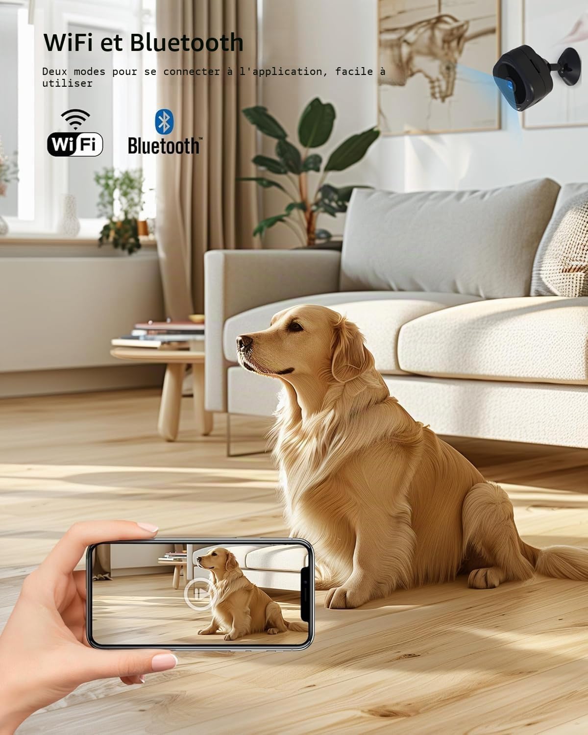 Generico Caméra de sécurité WiFi 1080P HD, caméra intérieure avec vision nocturne 10 m, détection de mouvement, batterie rechargeable, contrôle par application