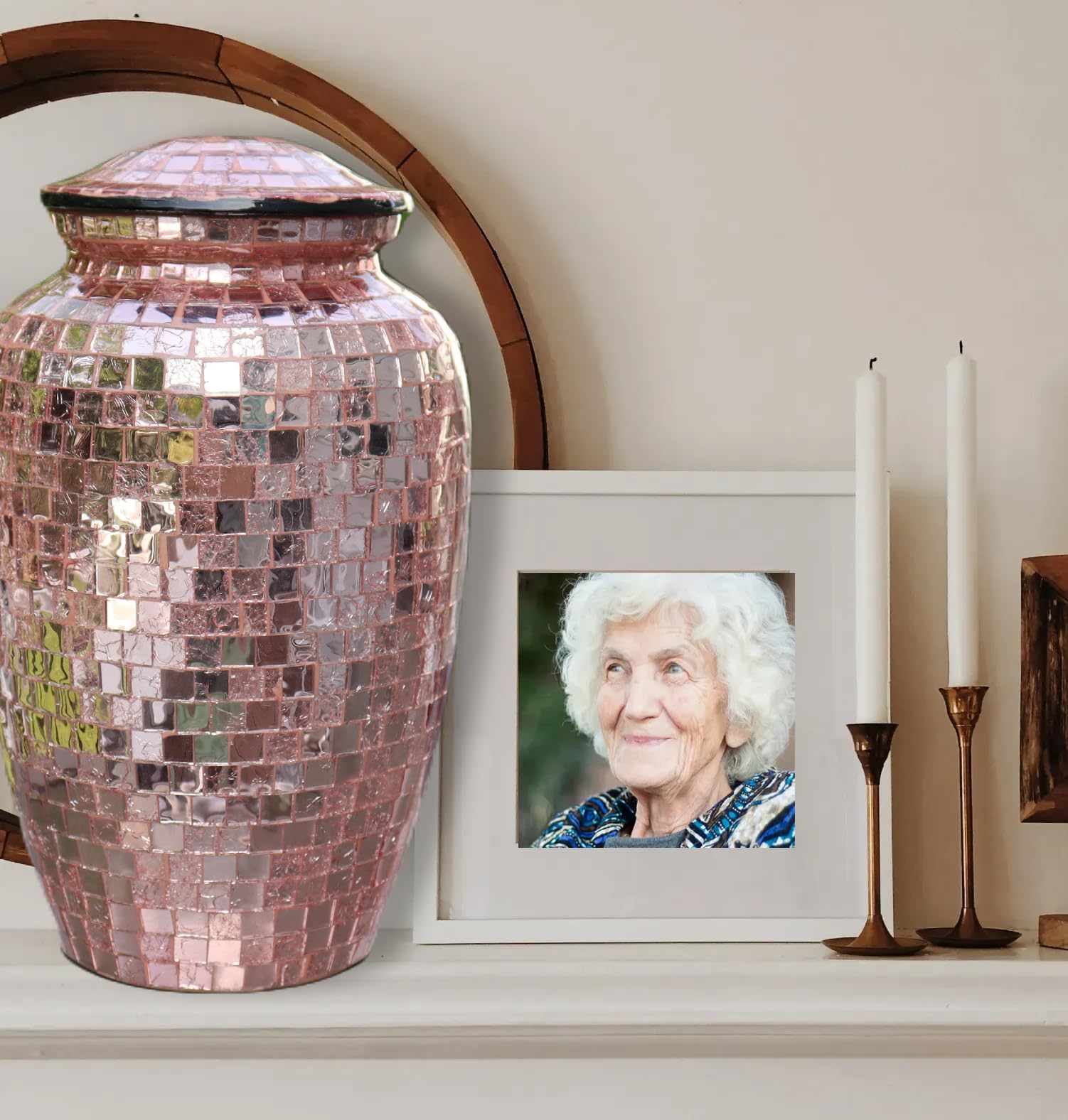 Mosaic Glass Cremation Urn - Hand Made Funeral Urn for Human Ashes - Large Adult Size Burial Urn - Hand Applied Individual Tiles Create a one of a Kind Work of Art - 200 cu in (Pink Mirrored)