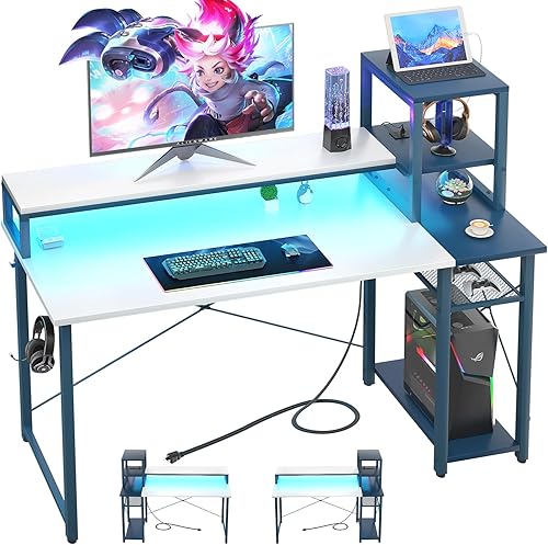 Besiost Escritorio para juegos de 47.2 pulgadas con LED, escritorio de computadora con 47 tomas, escritorio pequeño para espacio pequeño, escritorio