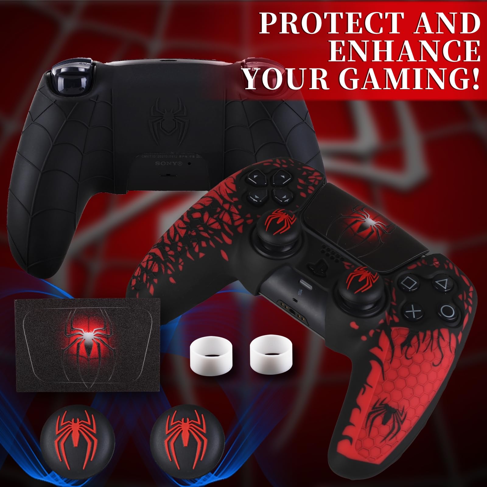 Cover in silicone antiscivolo per controller PS5 con tappi per levette * 2 & adesivo * 1 tema ragno