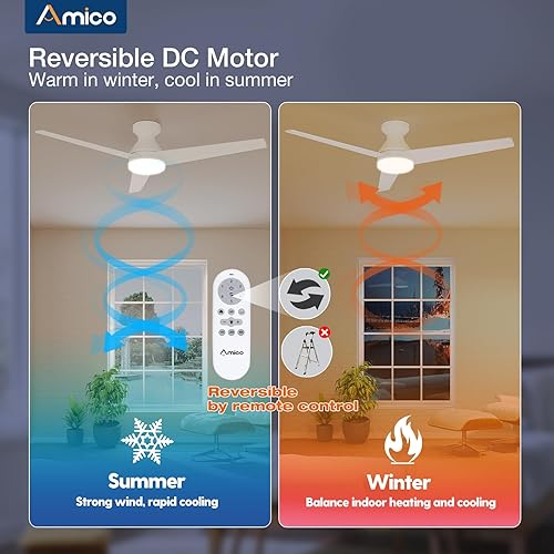 Miniatura 56 de Amico Ventiladores de techo con luces, perfil bajo, control remoto, montaje empotrado, reversible, 3CCT, regulable, silencioso, para dormitorio, uso