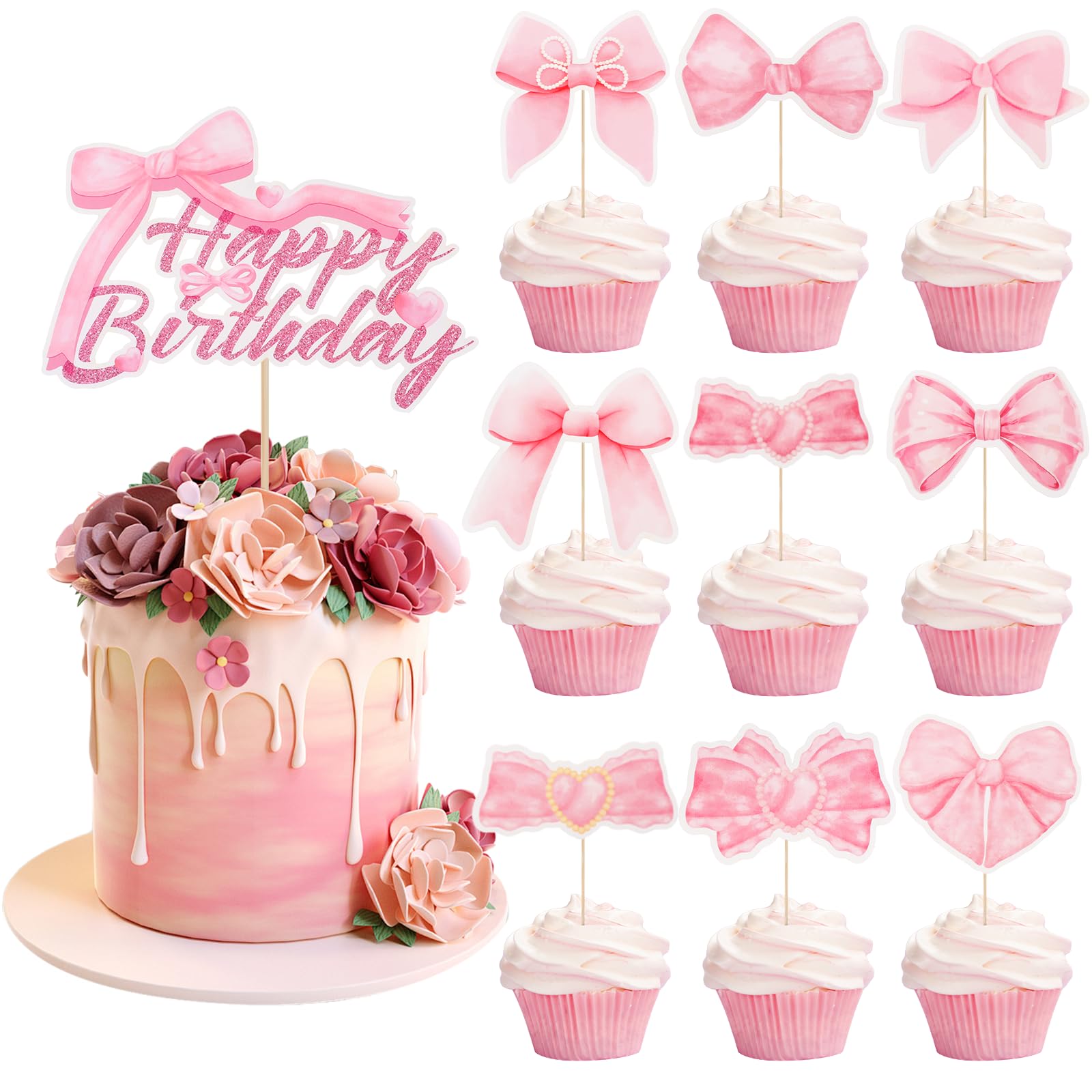 Happy Birthday Cake Topper & 24 Pcs Pink Bow Cake Decorations, Pink Bow Cupcake Toppers for Cakes Cupcake Happy Birthday Wedding Baby Shower Party Decorations