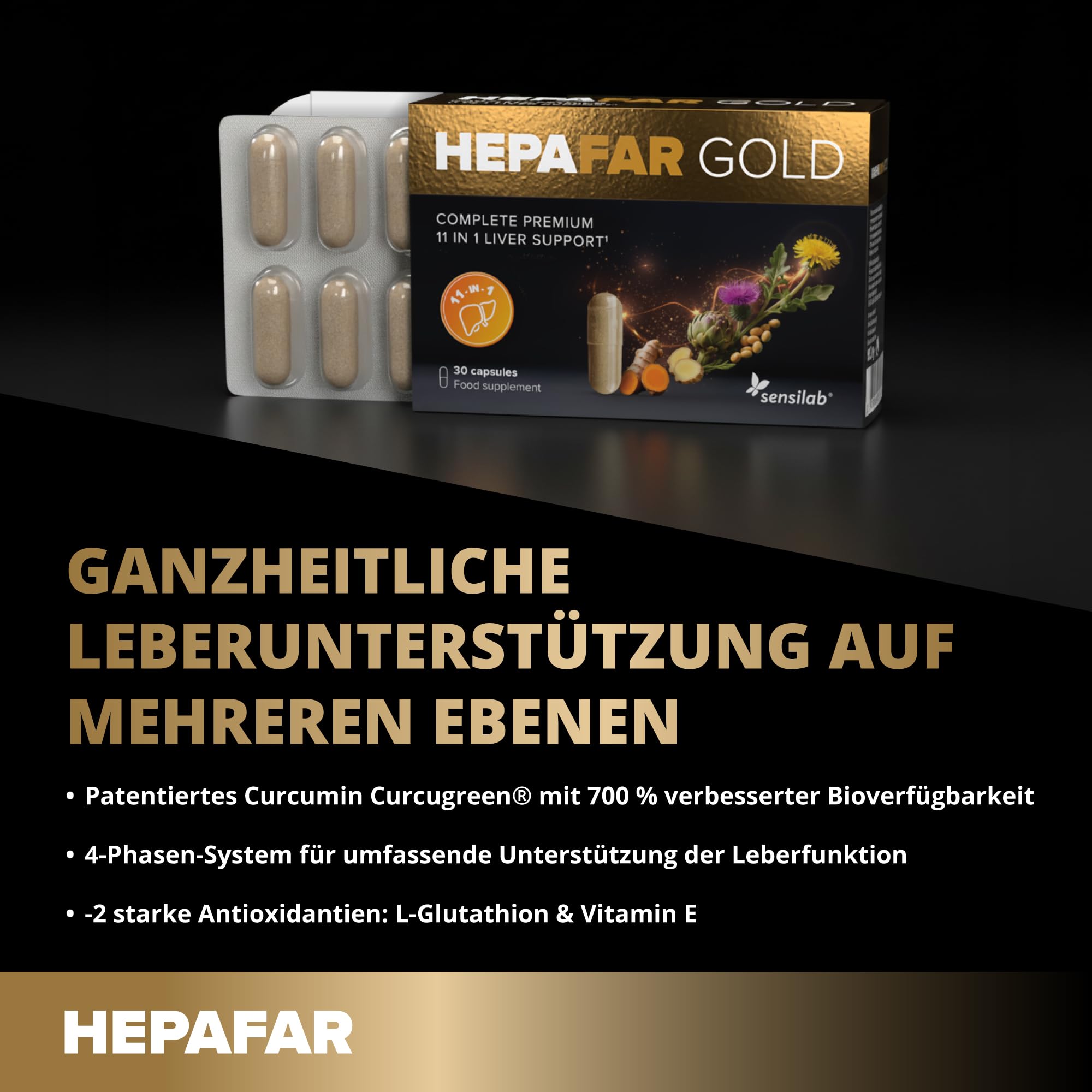 Hepafar Gold Premium mit Glutathion, Kurkuma, Mariendistel, Cholin, Artischocke und Ingwer – Nahrungsergänzungsmittel für die Leber, 60 Kapseln, von Sensilab