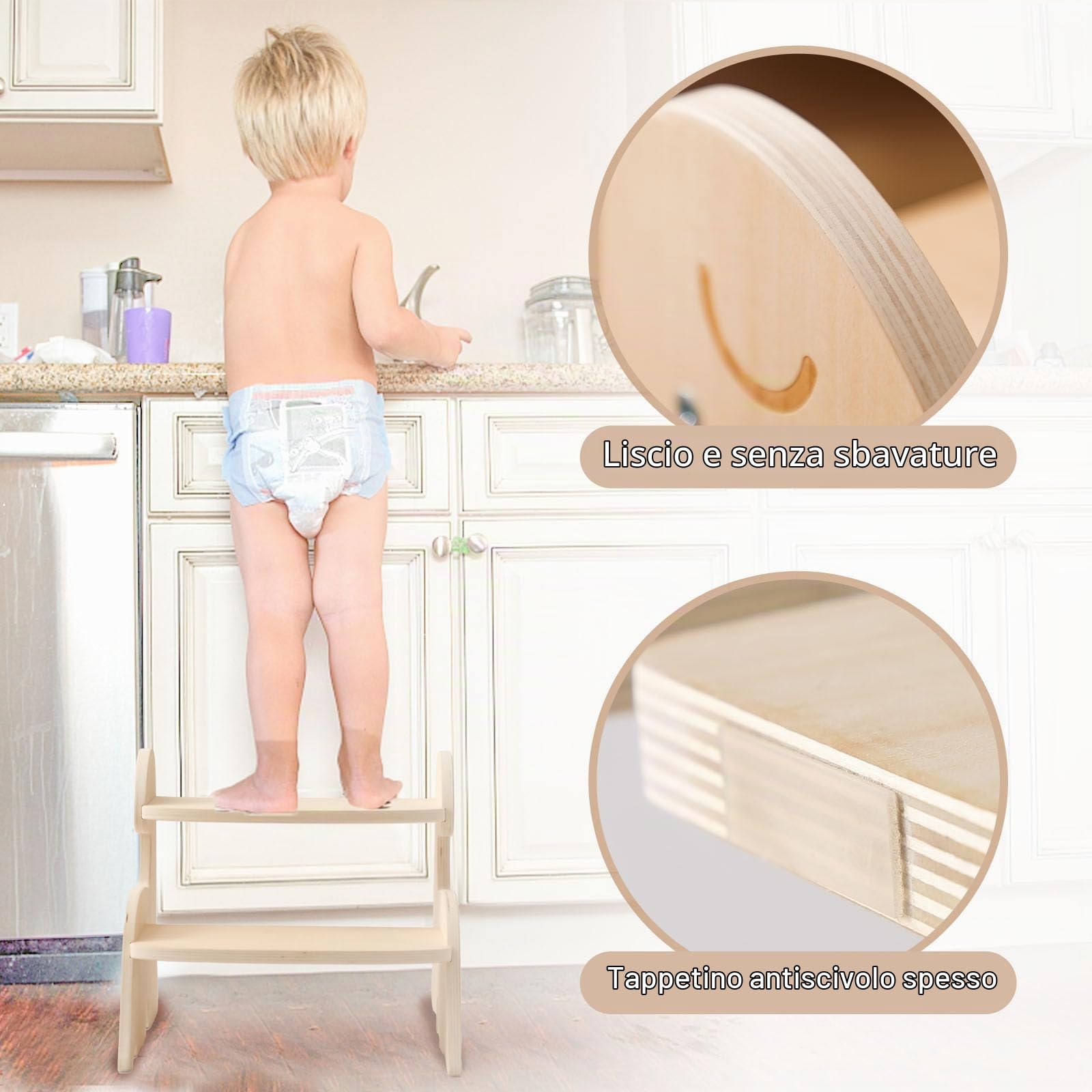 Torre Montessori di Apprendimento in Legno per Bambini, Sgabello a 2 Livelli Contro Parete Mobile Dinosauro, Mobili Dino per Stanza, Bagno, Cucina, WC