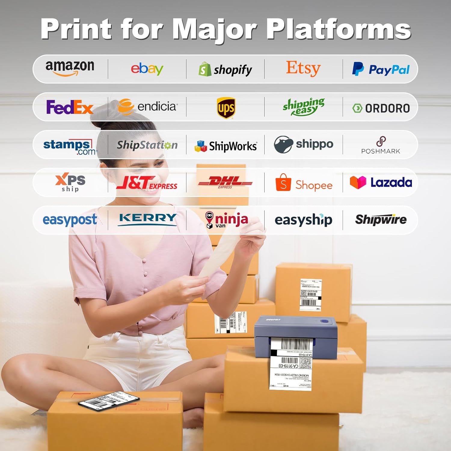 beeprt BY-480BT-8 Bluetooth Shipping Label Printer with a smartphone showing Bluetooth connectivity.