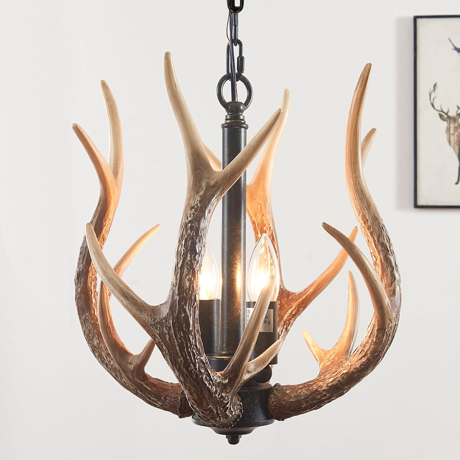 Rustic Antler Chandelier 2 Lights for Dining Room, Vintage Farmhouse Chandelier with 4 Resin Deer Chandeliers Adjustable Height Antler Light Fixtures for Dining Room Living Room Kitchen Foyer Entryway