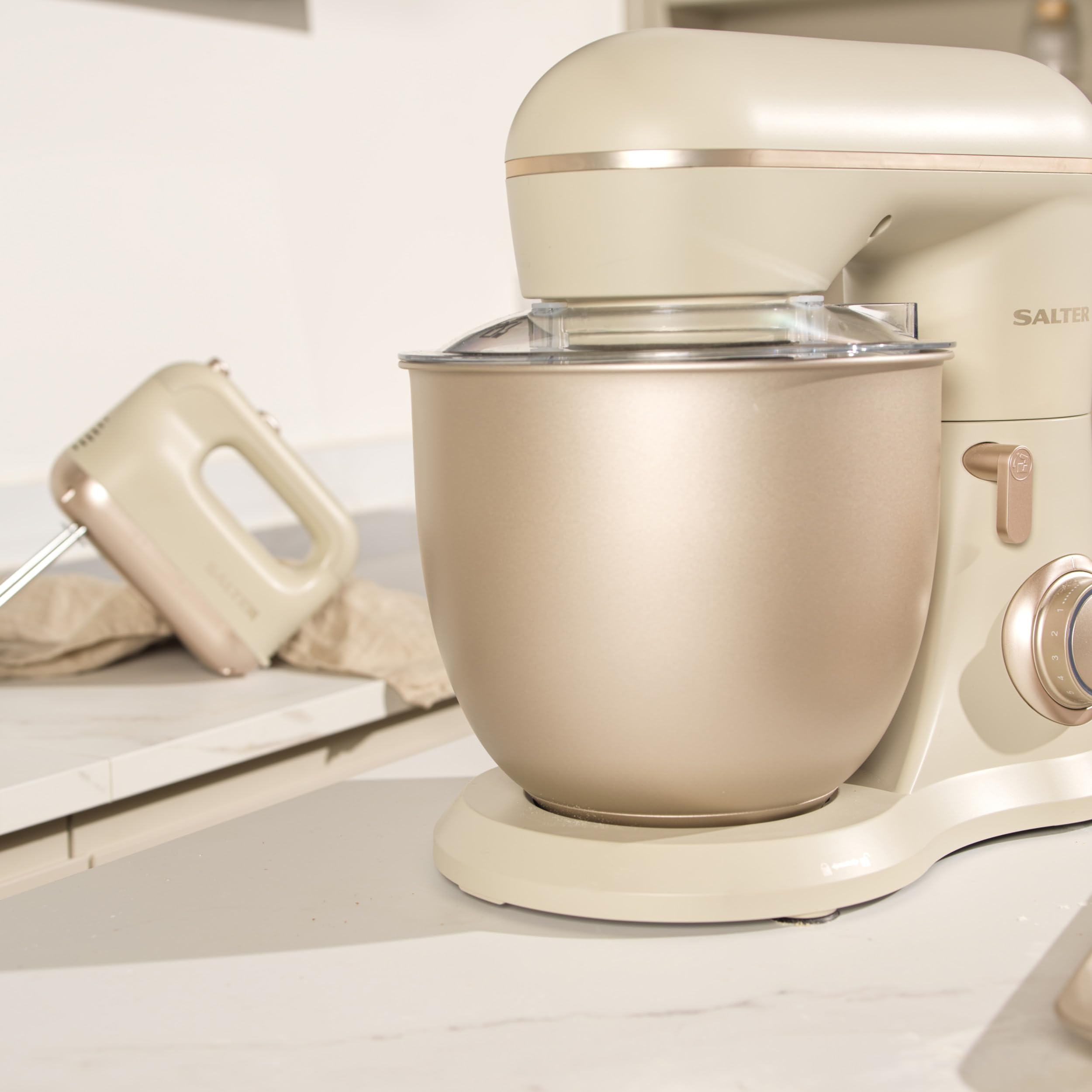 Salter EK5511SBOVDE Elektrische Standmixer - Rührer mit 4 Liter Rührschüssel, 10 Geschwindigkeitseinstellungen mit Pulse-Funktion, Abnehmbar Spritzschutz, Rührbesen, Teigknete- und Rühraufsatz, 1300W