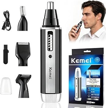 KEMEI 4-in-1 Nose Hair Trimmer for Men, Rechargeable Painless Eyebrow Ear & Beard Trimmer, IPX5 Waterproof Stainless Steel Blades with USB KM-6630