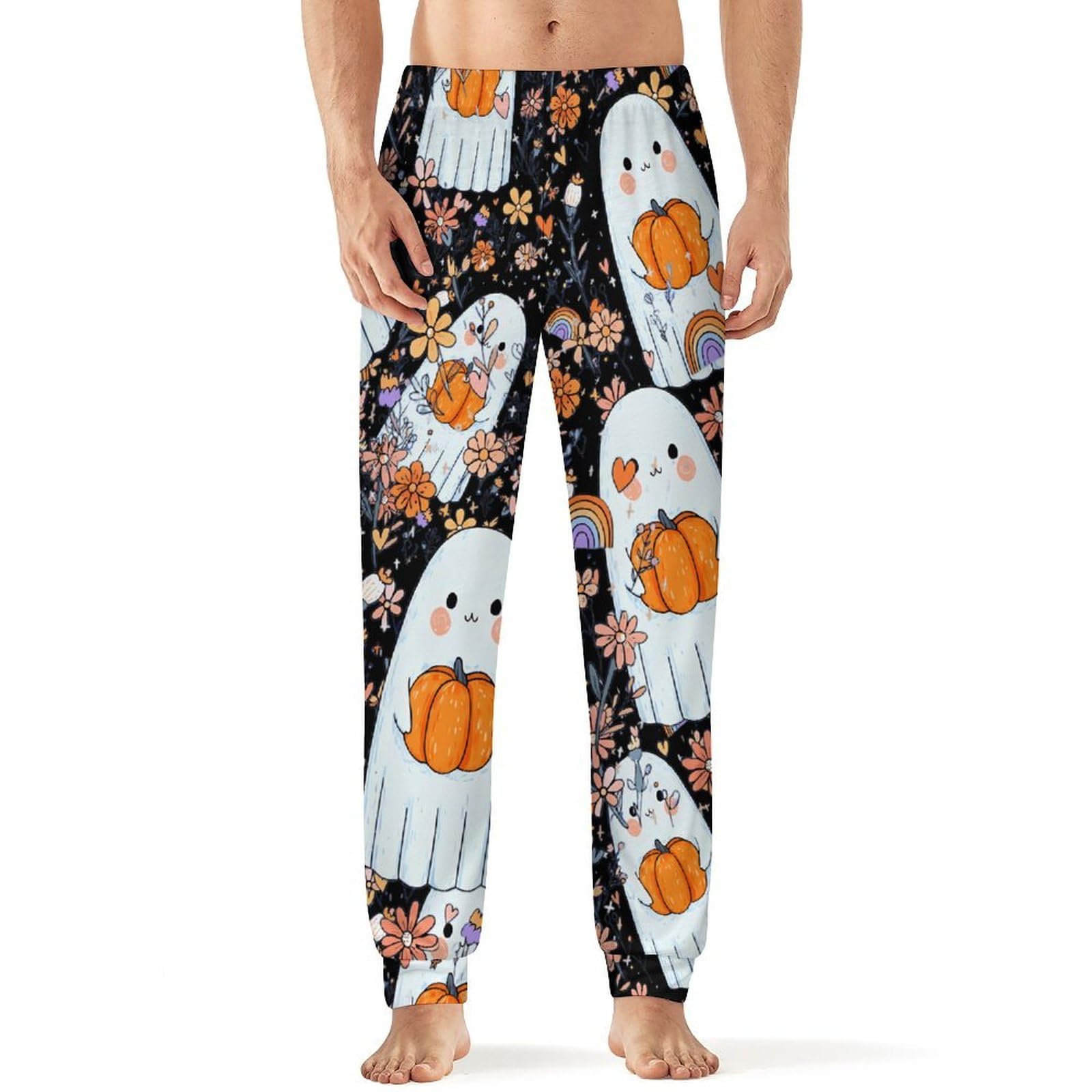 Peiyeety Men's As Pic Halloween Floral Ghosts Pajama Bottoms Sleep Lounge Soft Comfy Pants Sleepwear