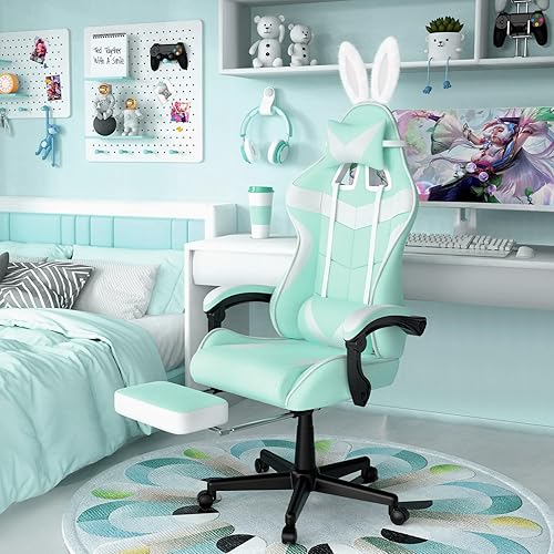Miniatura 10 de Soontrans Silla de juegos azul claro con reposapiés, bonita silla de videojuegos de conejo, silla de escritorio Kawaii para nieta, hermana, novia,