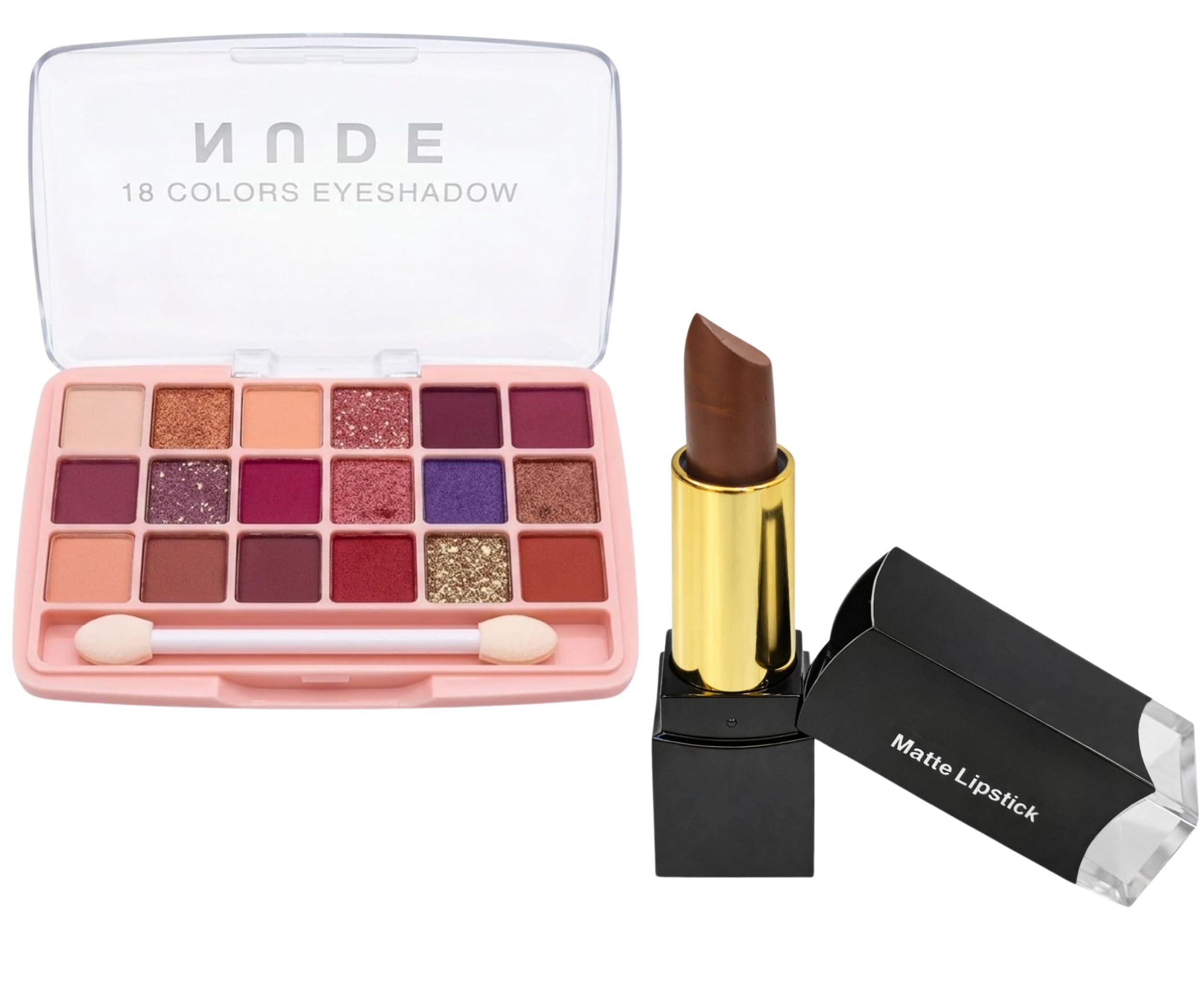 2-in-1 Daily Glam Makeup Combo Pack - 18 Colors Nude & Shimmer Eyeshadow Palette with Applicator & Long-Lasting Smooth Matte Bullet Lipstick | Complete Eye & Lip Beauty Set (Warm Neutrals & Chocolate Brown)-image-17