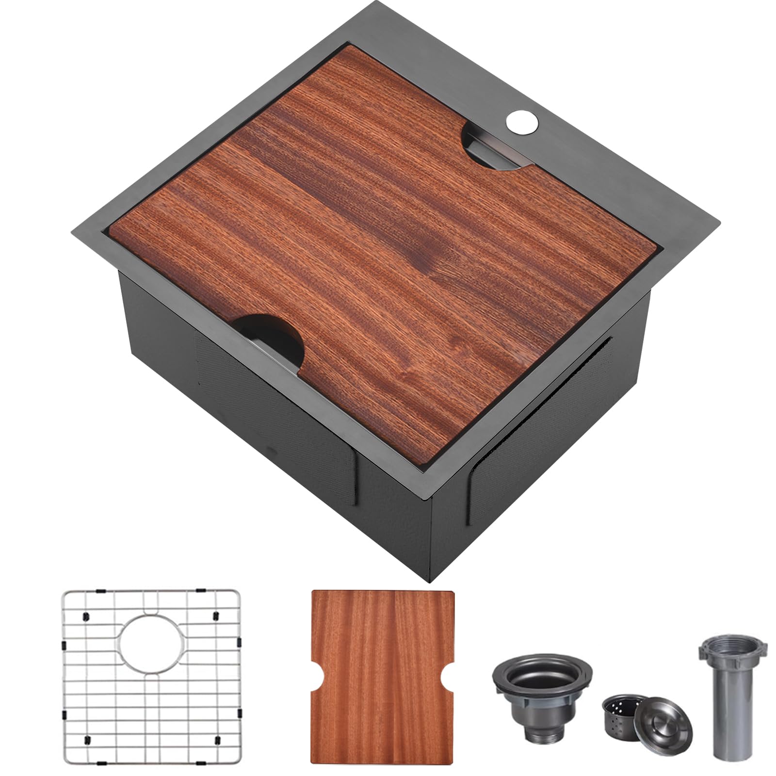 VC CUCINE Black Bar Sink Drop in, 15 x 15 Inch Topmount RV Small Kitchen Sink, 16 Gauge Overmount Stainless Steel Wet Bar Sink, Top Mount Outdoor Single Bowl Prep Sink with Cutting Board & Strainer