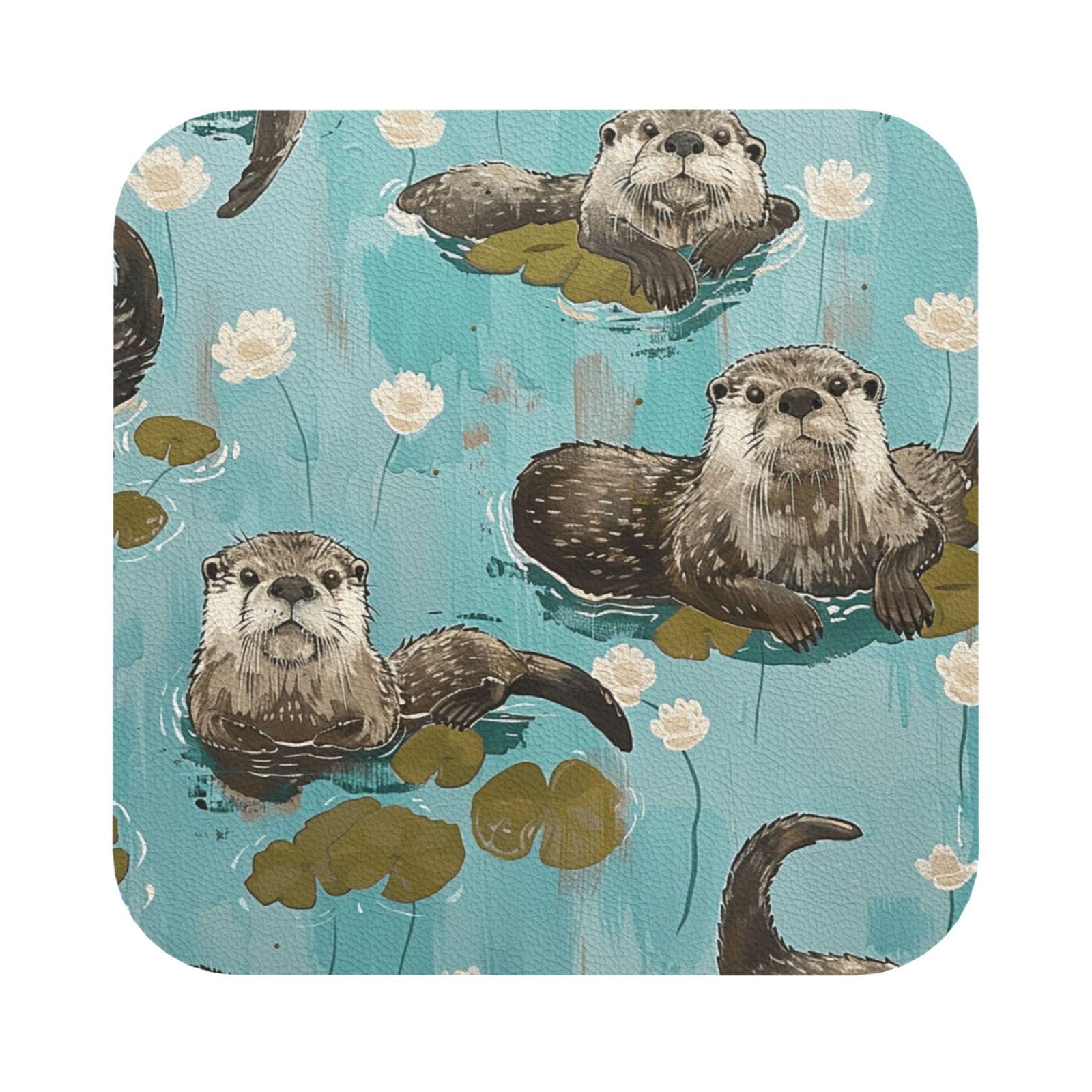 Otters Print Leather Coaster Set of 6, Square Coasters Table Decorative Coffee Cup Beverage Coasters Wine Beer Bar Coasters for Hot Drinks Table Protection