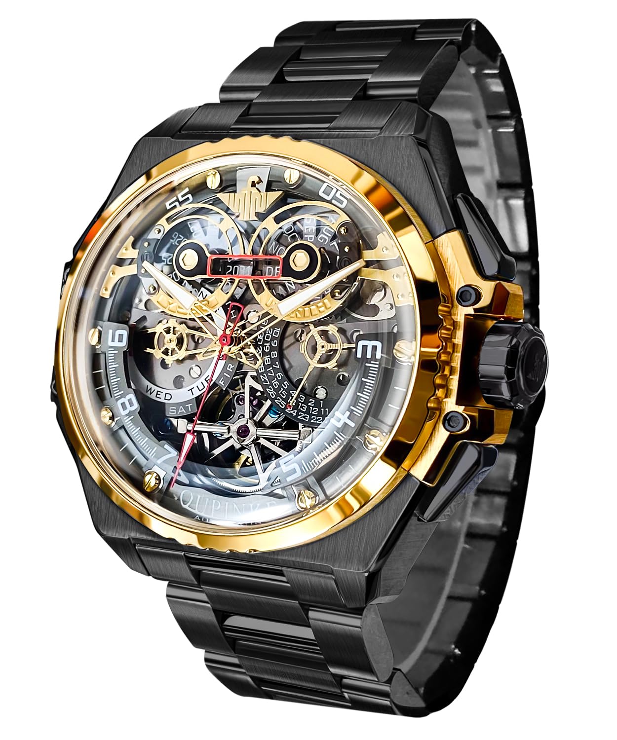 OUPINKEWatch for Men Automatic Wristwatch 3D Dial with 5ATM Waterproof Luminous Calendar Skeleton Watches-Sapphire Crystal Tungsten Steel Strap