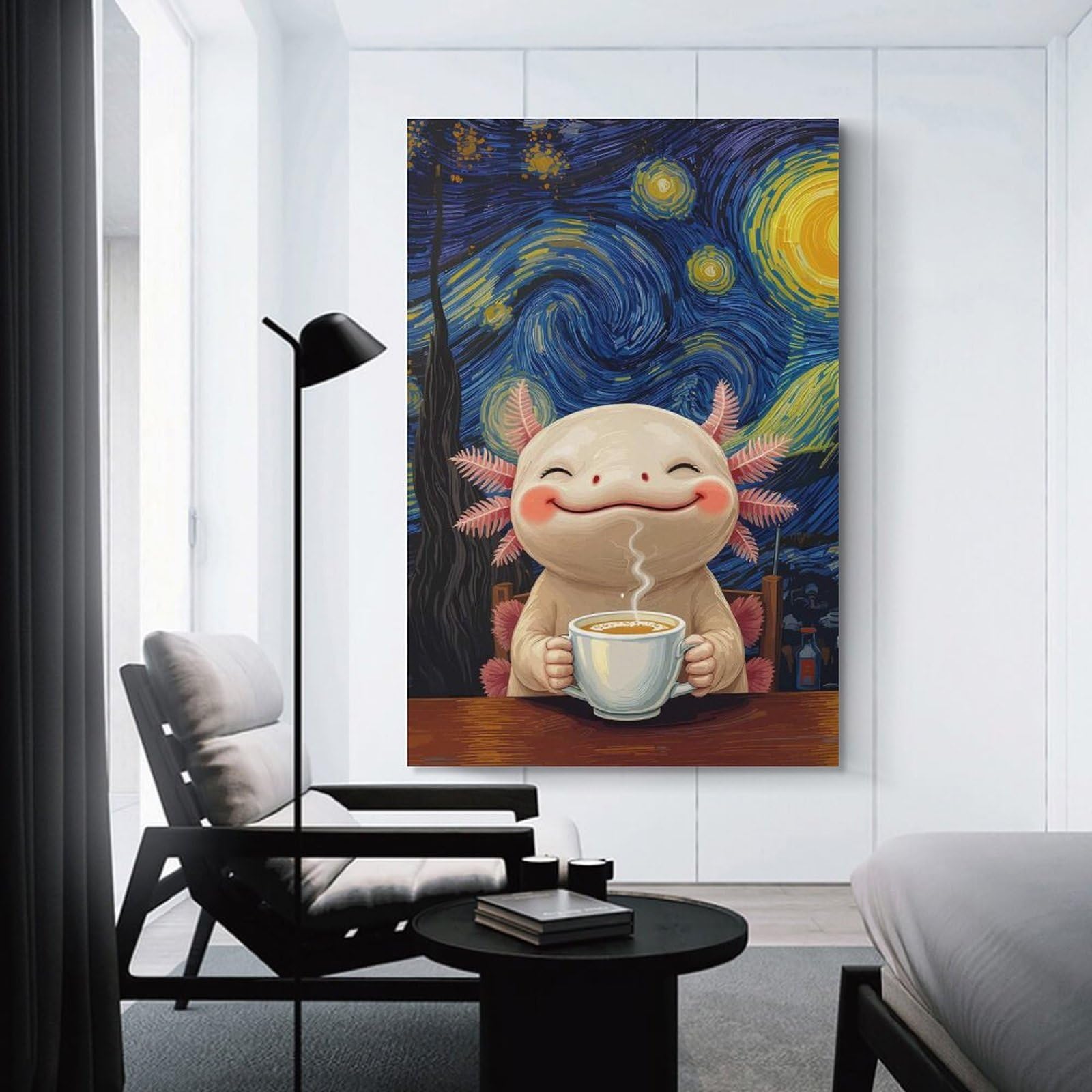 Junmoney Room Decor Wall Art Axolotl Enjoying Coffee, Starry Night, 24x36inch(60x90cm), for Wall Displays, Bedrooms Or Room Updates, An Easy Match for Collected Prints