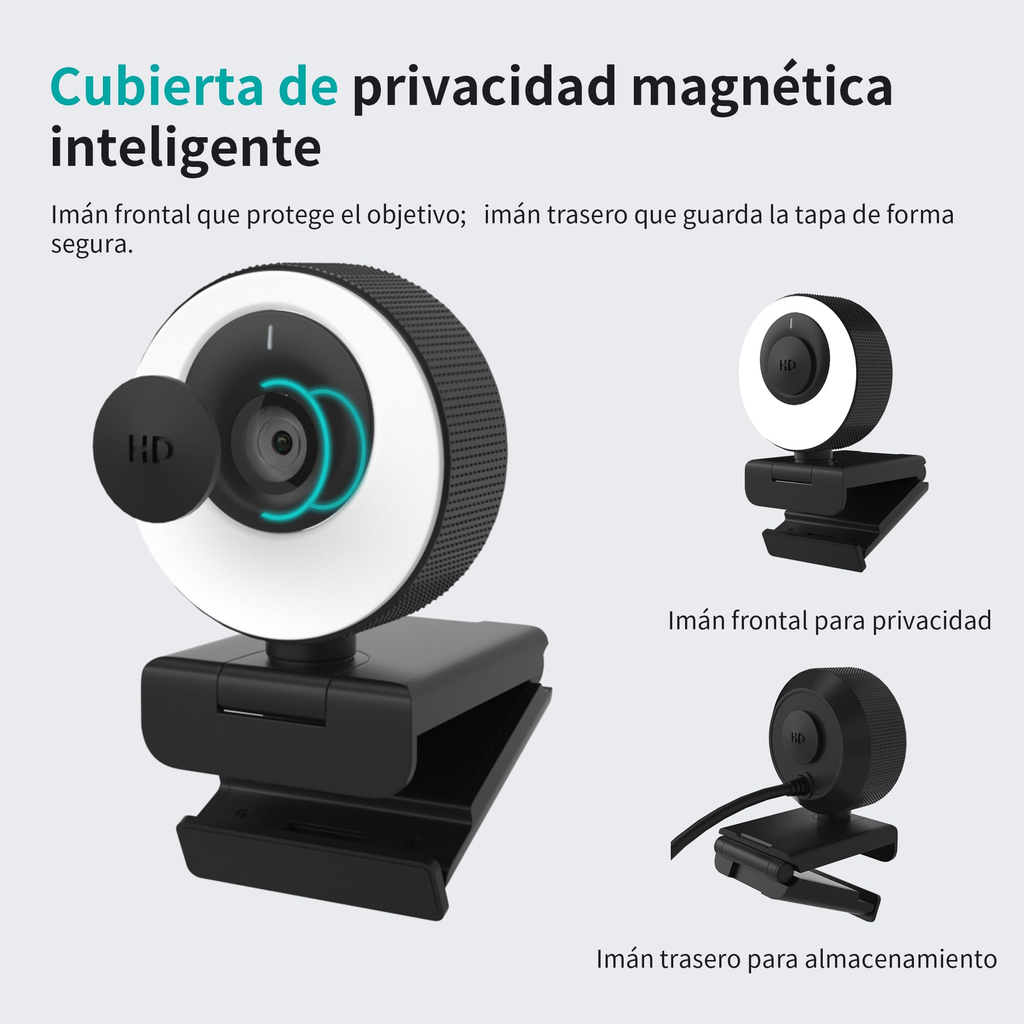 Webcam 1080P 60FPS con Micrófono, Aro de Luz, Enfoque Automático, 3 Modos de iluminación con Regulación Continua de Brillo para Videoconferencias en PC, Mac, Portátil y Tablet