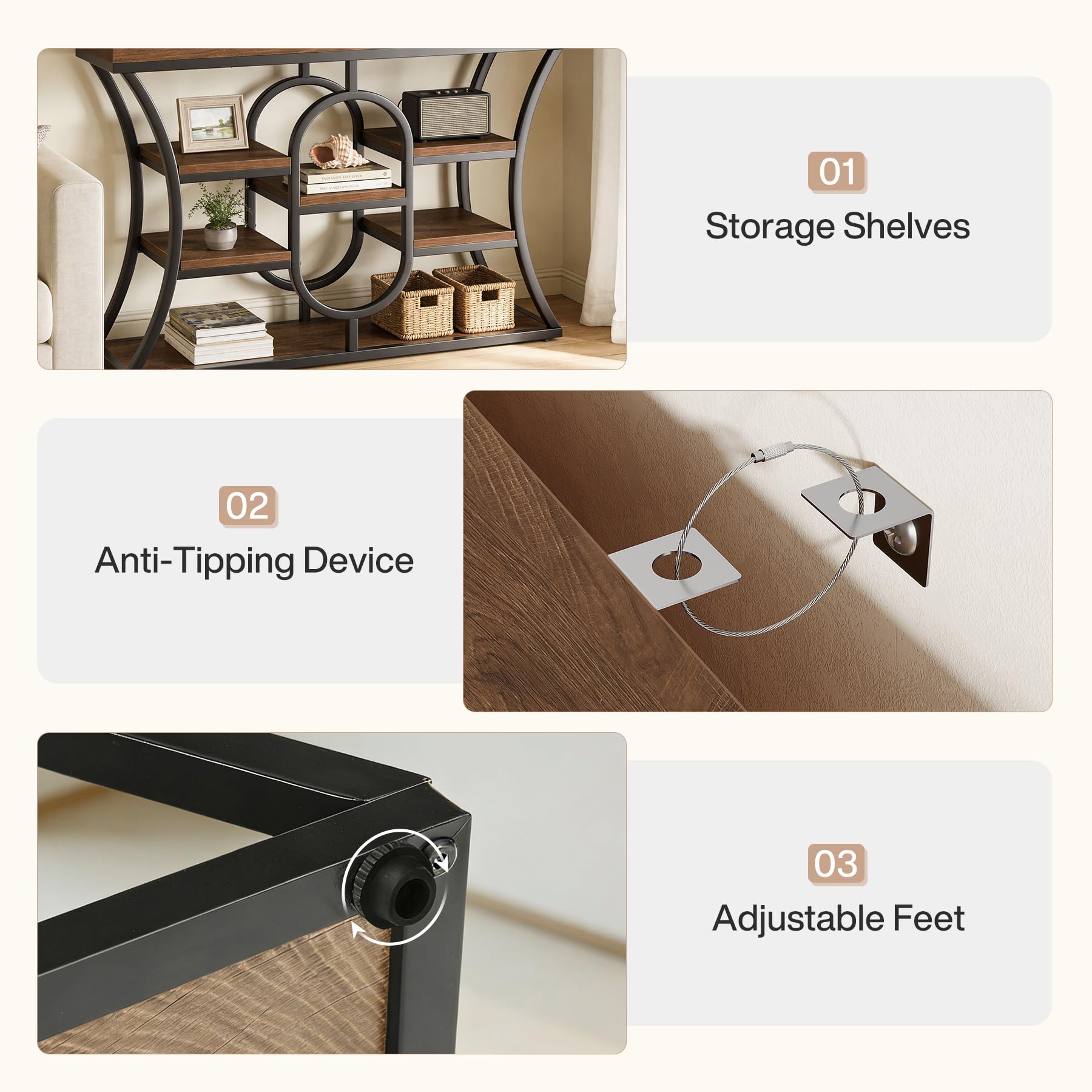 Tribesigns Tavolo Console Industriale 105 cm, 5 Ripiani Sfalsati, Tavolo da Divano con Struttura in Metallo e Scaffali Portaoggetti, Mobile Stretto per Ingresso, Corridoio, Soggiorno, Marrone Rustico