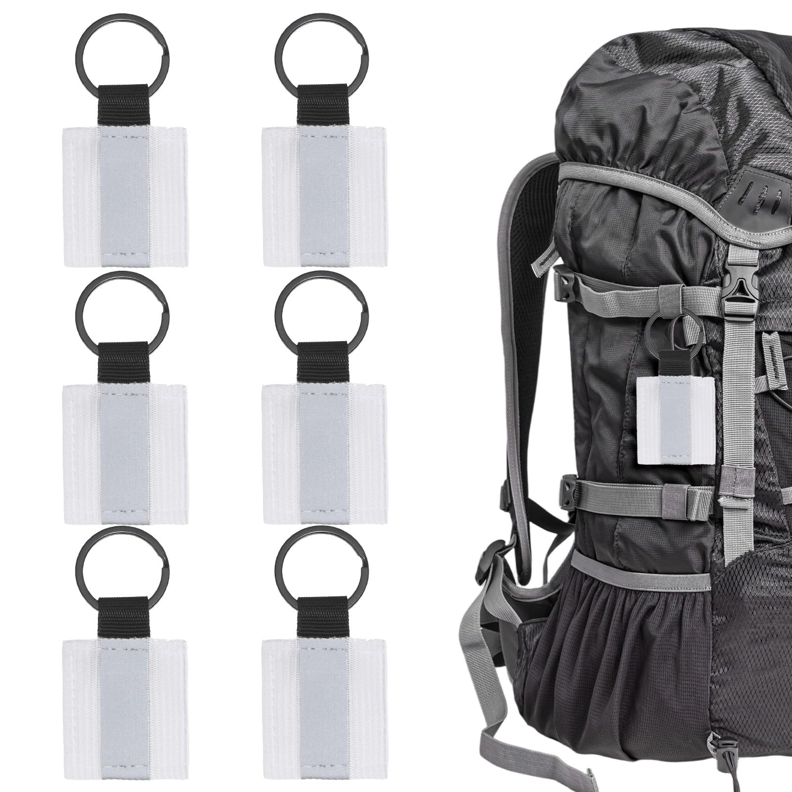 TIXIPEM Safety Reflector Pendants [6PCS] - Fabric Reflective Safety Keychain Gear Use for Backpack & Running & Cycling - [White-2.8IN/7CM] Double-Sided Reflective Tags