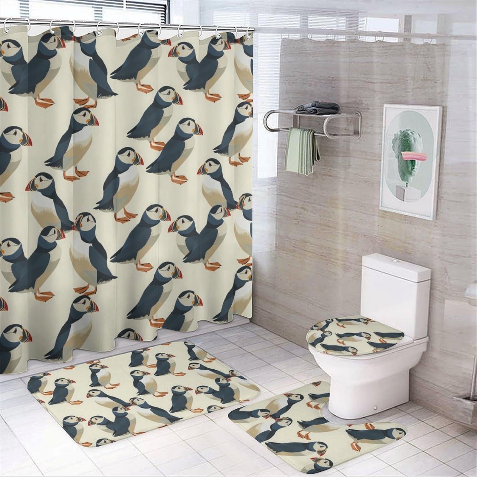 CGSBNGHA Puffins-Cute Shower Curtain Set 4 Piece Bathroom Sets with Rugs Toilet Lid Cover And U-Shaped Floor Mat