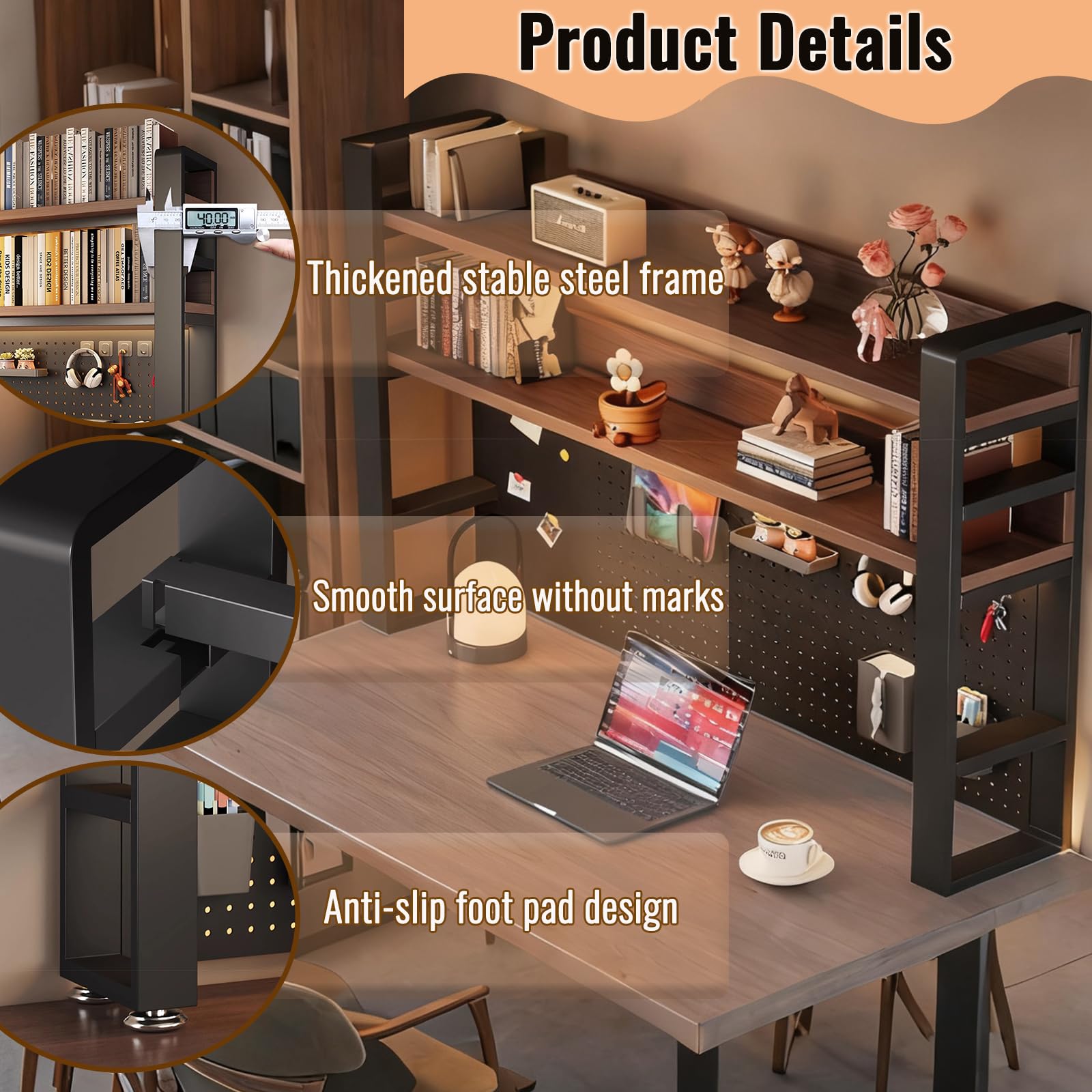 Estantería de Escritorio de múltiples Niveles con Tablero Perforado, Estante de sobremesa para Libros, Estante Organizador de Almacenamiento de Metal,Negro,L37.4*H36.6